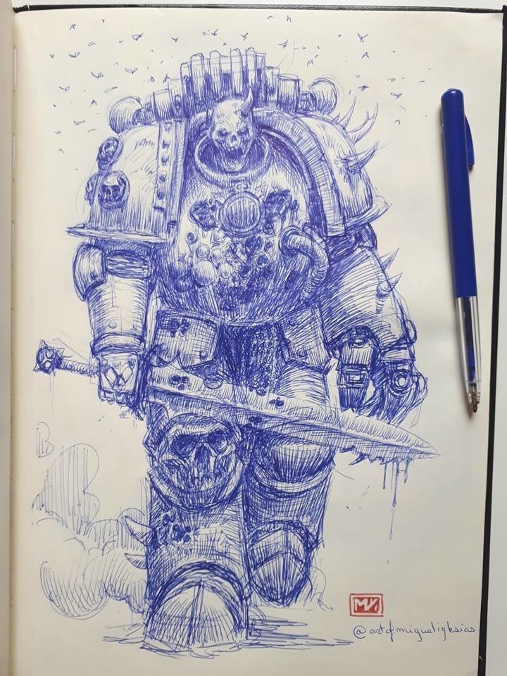 Plague Marine Sketches - Warhammer 40k, Wh Art, Space Marine, Chaos, Plague marine, Nurgle, Pen drawing, Miguel Iglesias