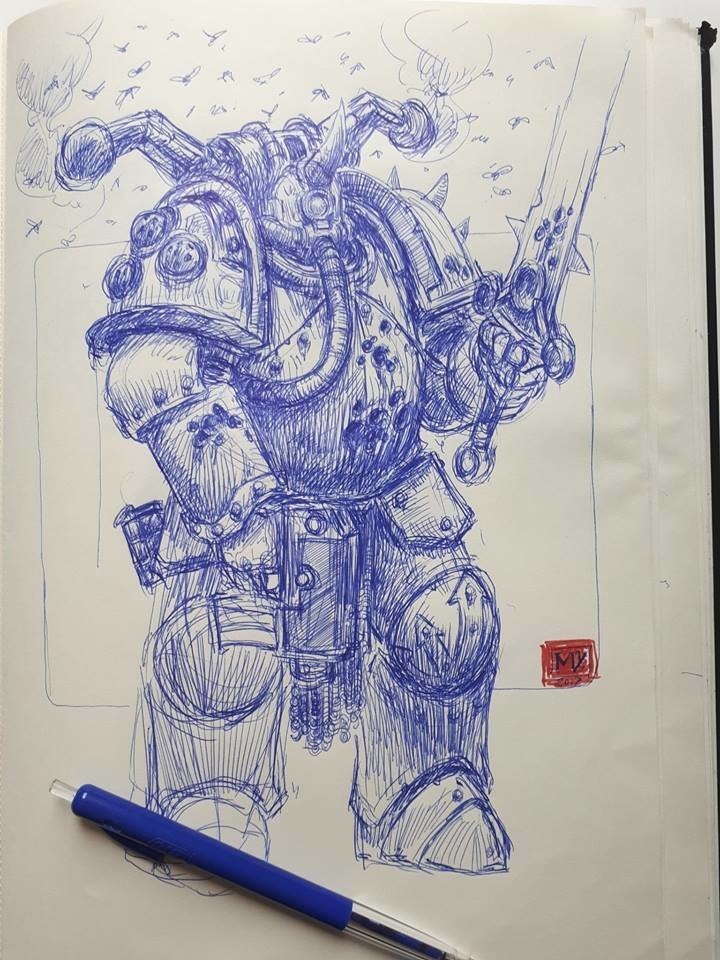 Plague Marine Sketches - Warhammer 40k, Wh Art, Space Marine, Chaos, Plague marine, Nurgle, Pen drawing, Miguel Iglesias