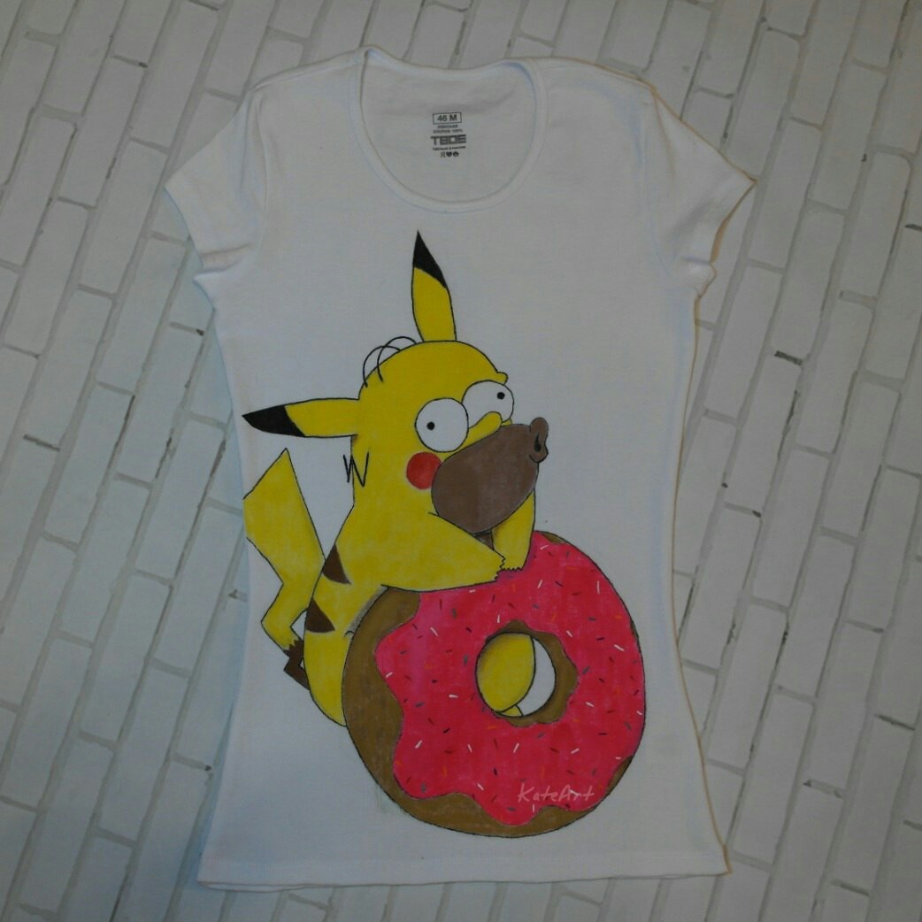 Some of my hand-painted t-shirts - My, Handmade, Painting on fabric, cat, Owl, Trash polka, Longpost, Homer Simpson, Pikachu, Donuts