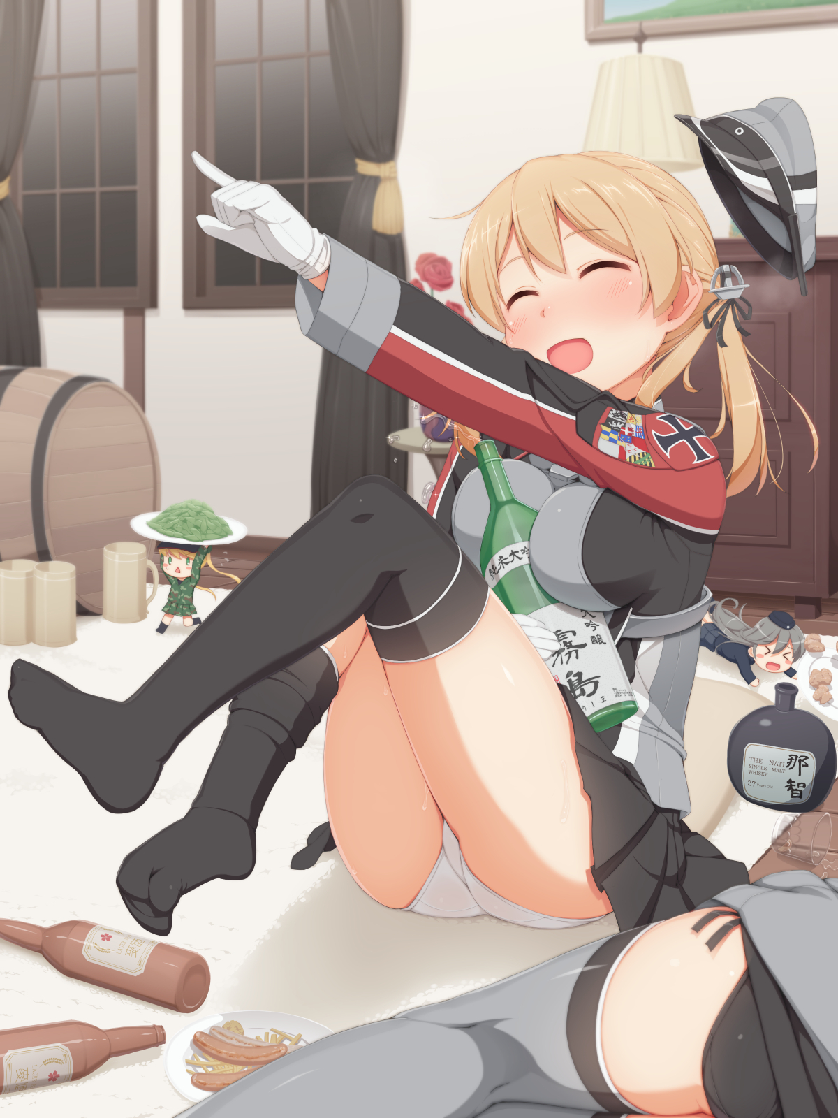 Grosse Kriegsmarine защитит Бисмарк! - Kantai Collection, Аниме, Anime Art, Prinz Eugen, Bismarck, Алкоголь, Панцу