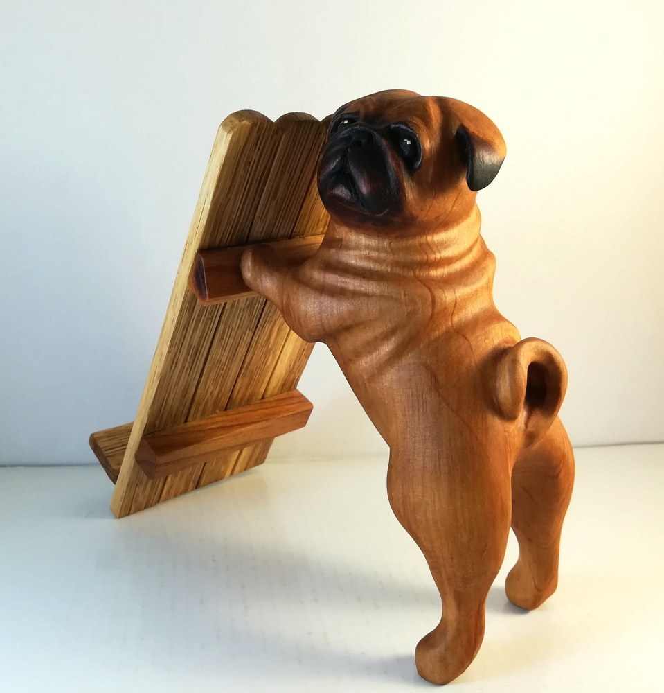 Pug. - My, Pug, Dog, Thread, Tree, With your own hands, Phone stand, Wood carving, Longpost