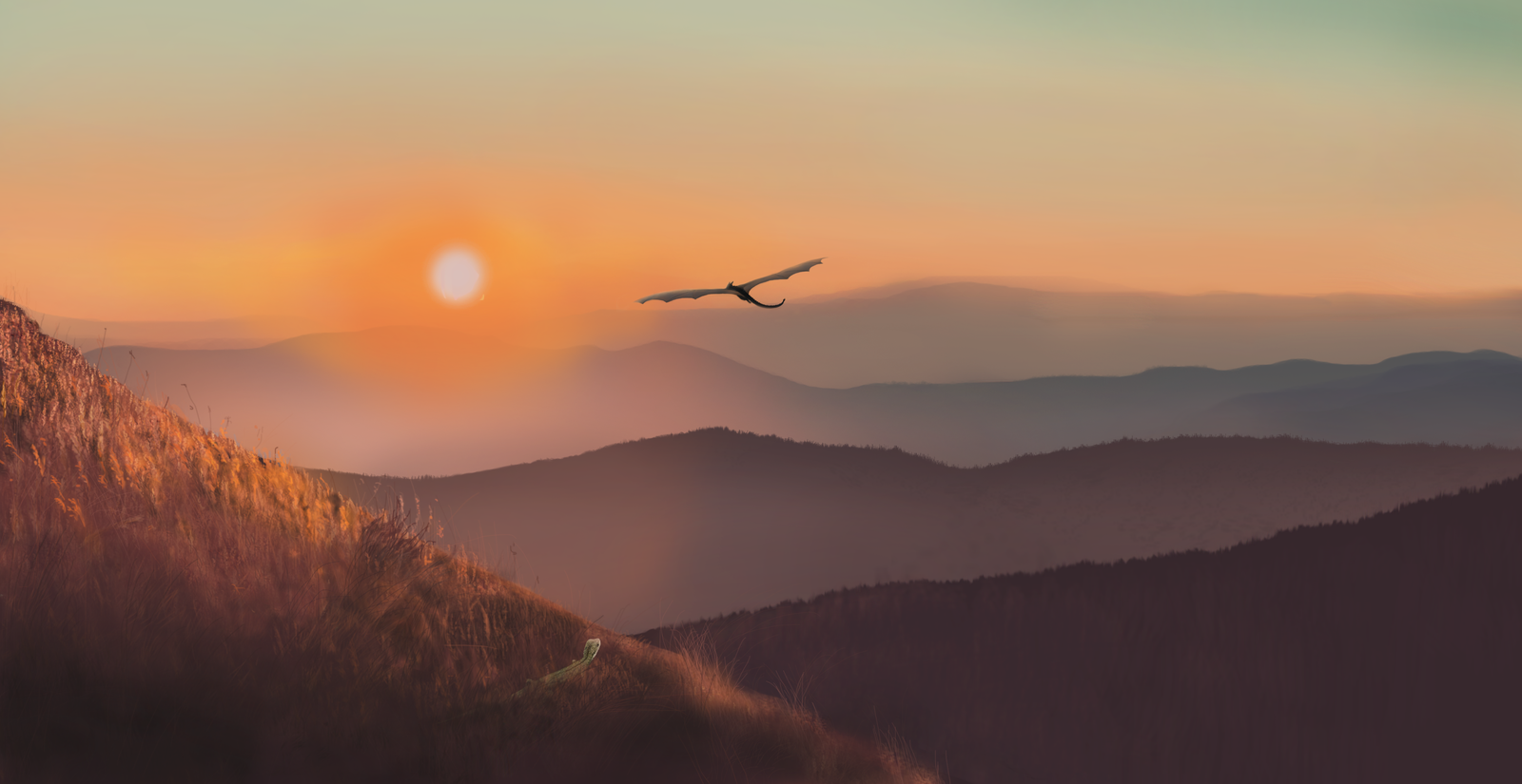 Landscape - My, Drawing, The Dragon, Sunset, Digital