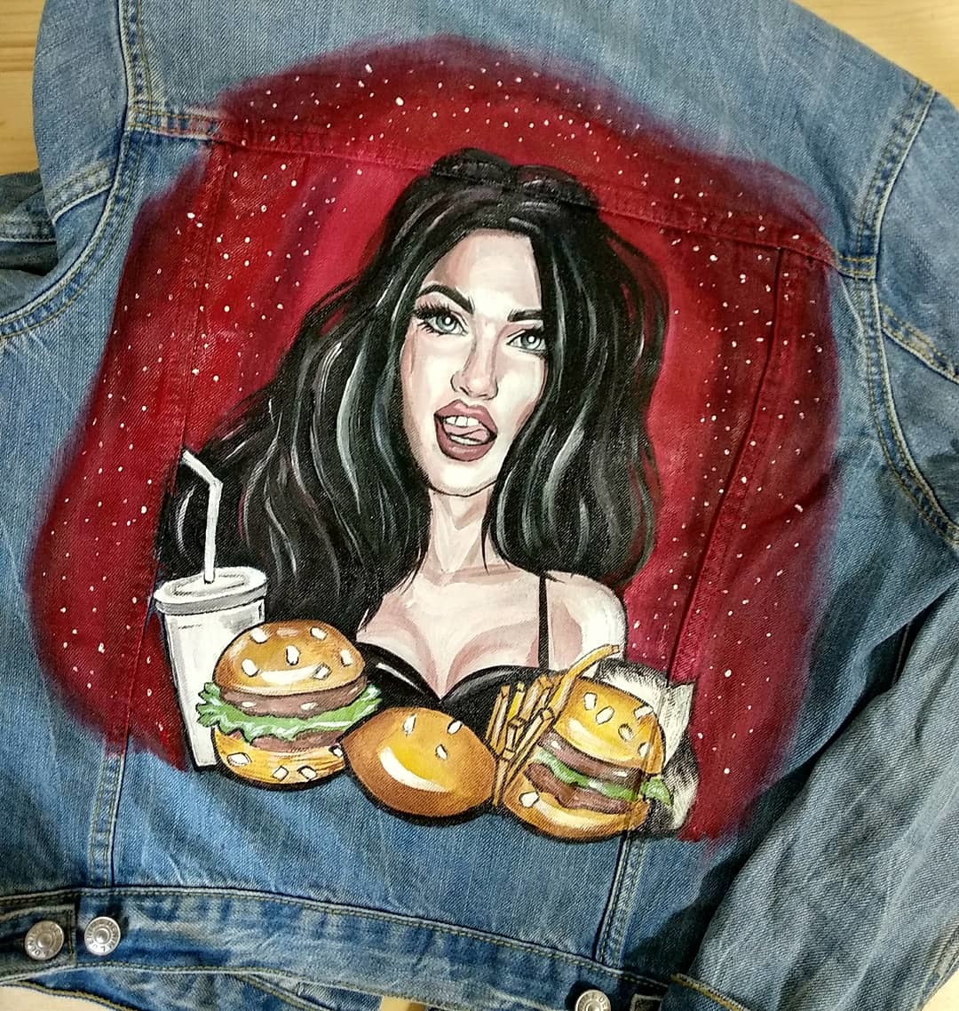 Megan Fox. Jeans painting + process - My, Painting on fabric, , Painting, Acrylic, , Krasnodar, Handmade, Longpost