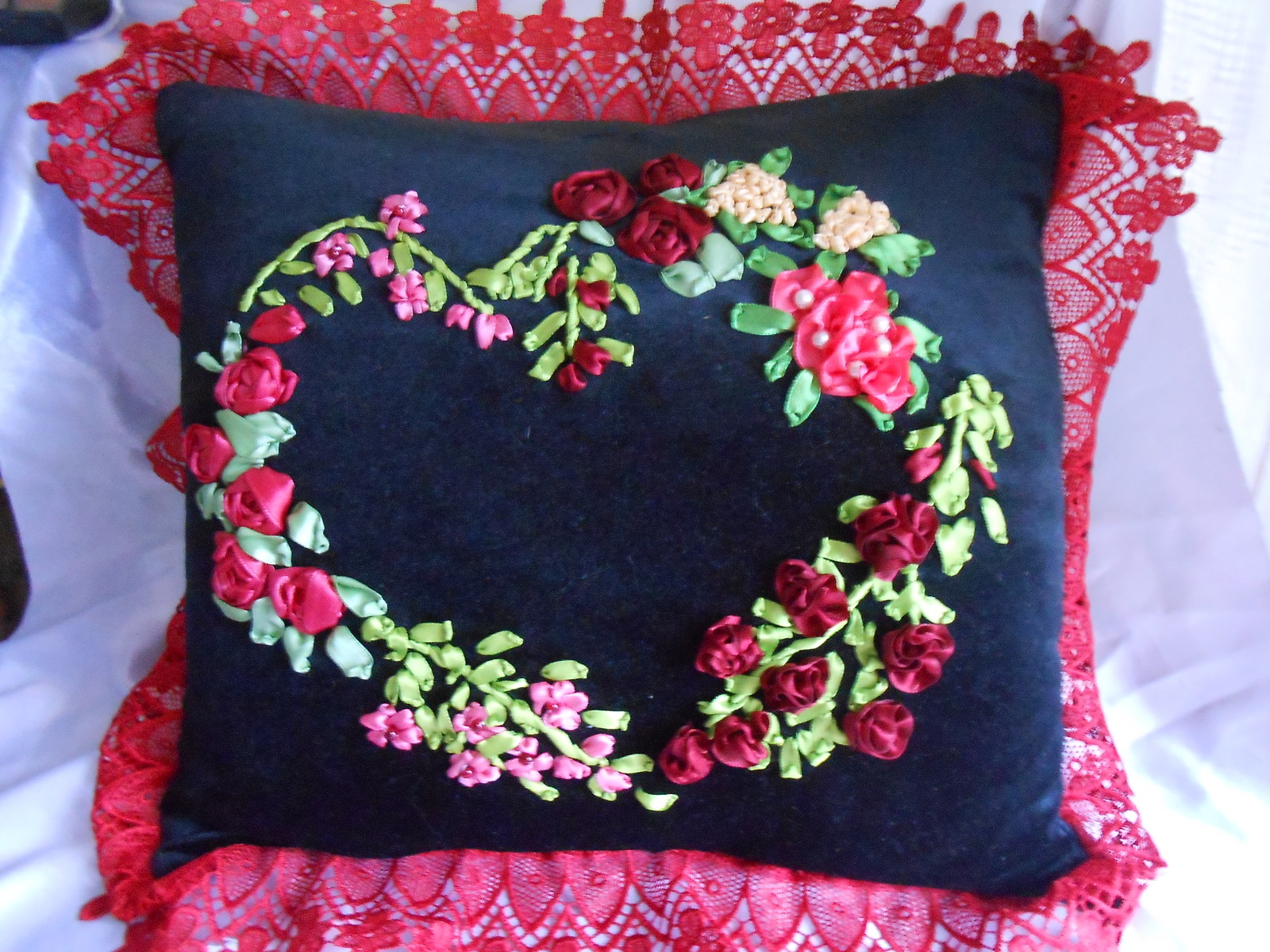 Ribbon embroidery, cushion - My, Needlework without process, Embroidery with ribbons, Pillow, Embroidery