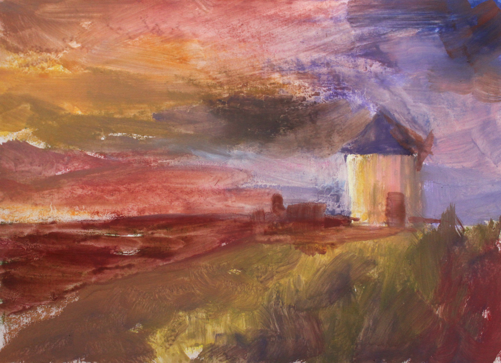 Landscape. Stages of work - My, Landscape, Drawing, Pastel, Sunset, Longpost, beauty, Dry pastel, Mill, Field