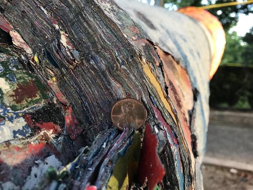 These are the layers of paint that have been used to paint the museum cannon for many years, now they have decided to remove them. - Paints, Painting, A gun