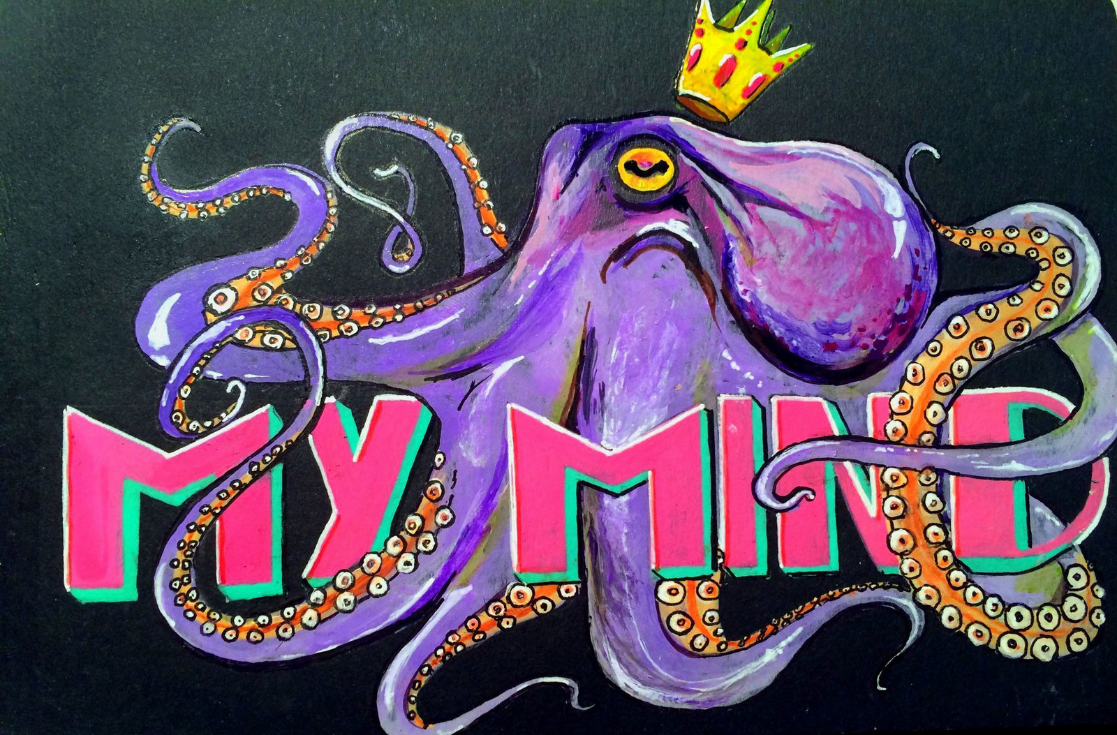 Octopus in moleskin - My, Art, Octopus, Crown, Acrylic, Drawing, Marine life