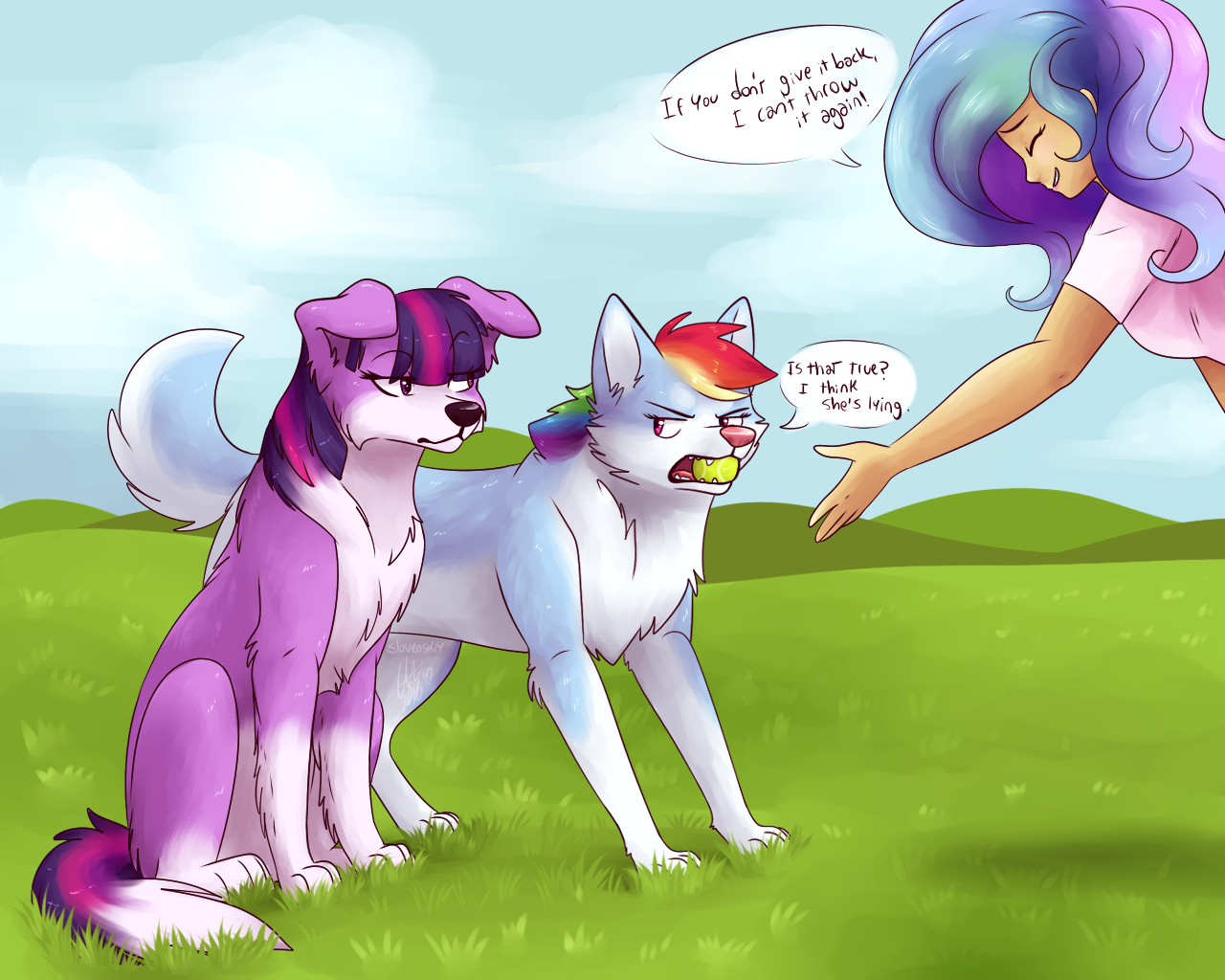 I can't throw the ball if you don't give it back to me! - My little pony, Princess celestia, Twilight sparkle, Rainbow dash, Humanization, Comics, Dog