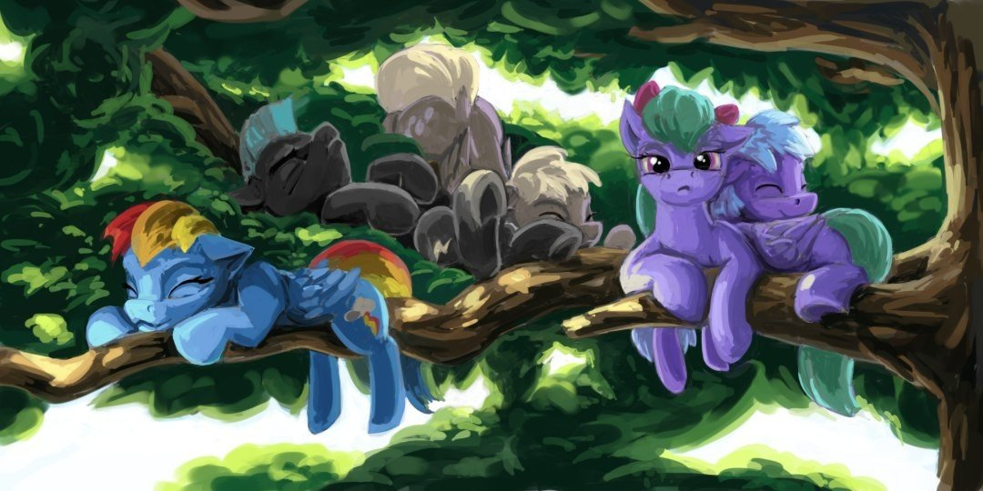 Pegasi lie on the branches - Cloudchaser, Derpy hooves, Flitter, Rainbow dash, Thinderlane, My little pony