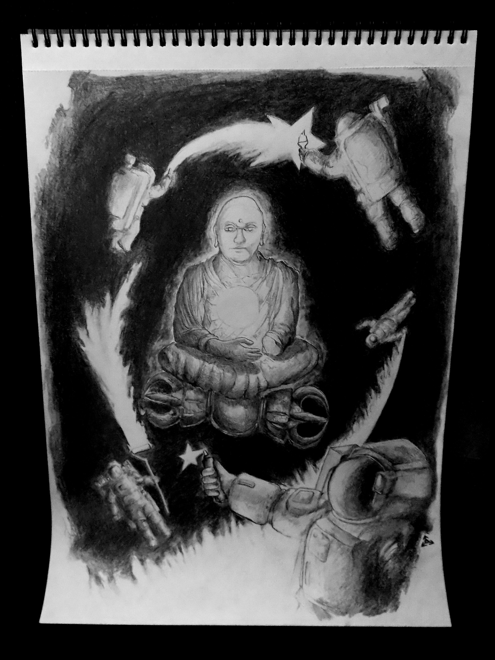 Buddha and astronauts - My, Sketch, Buddha, Crooked hands, Pencil drawing, Suffering