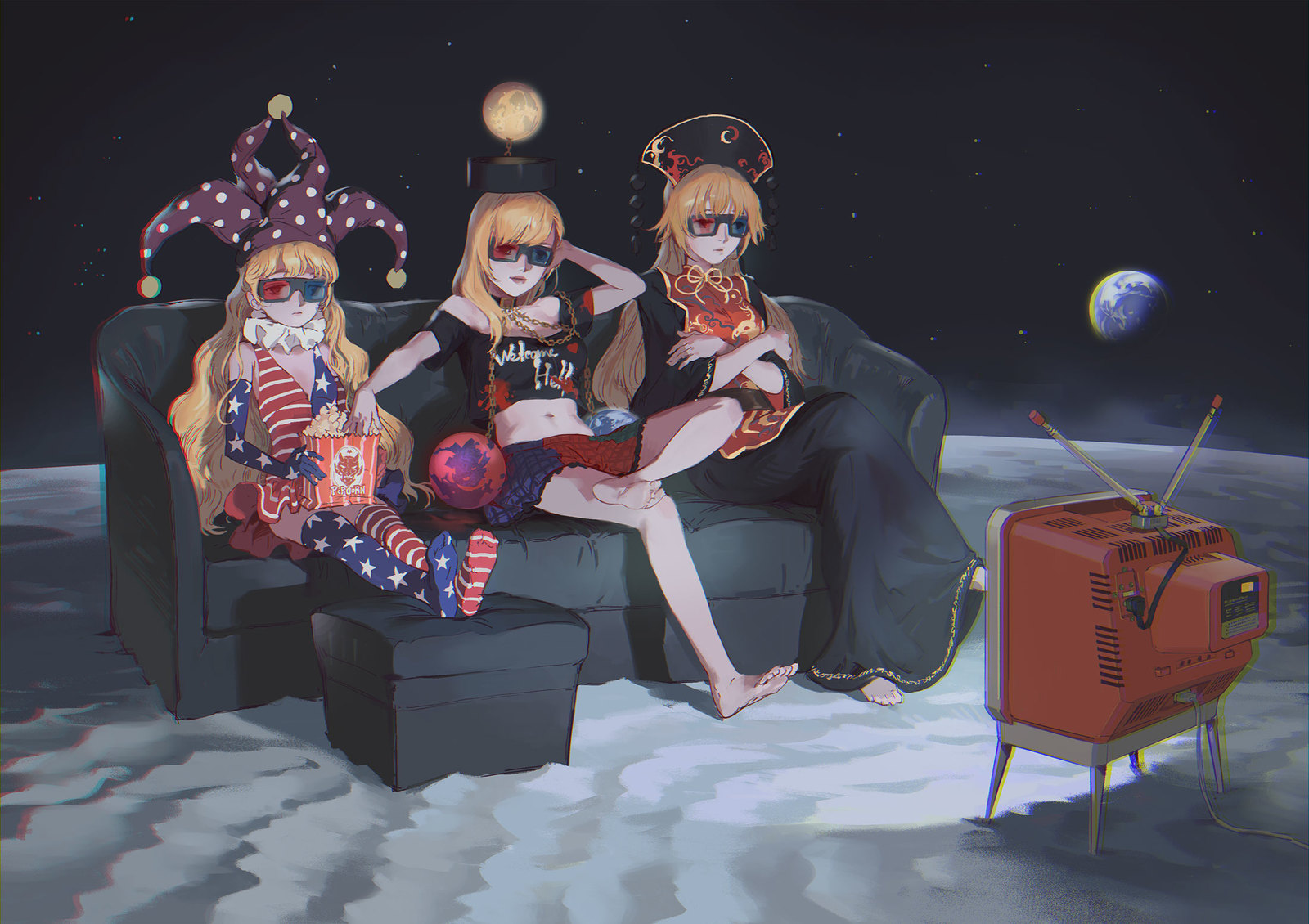 movie time - Anime, Anime art, Touhou, Clownpiece, Hecatia Lapislazuli, Junko, 