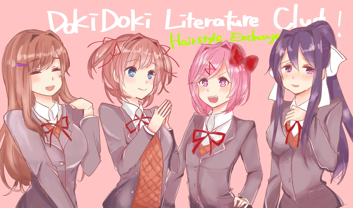 Trying each other’s hairstyles - Doki Doki Literature Club, Sayori, Natsuki, Yuri DDLC, Monika, Anime Art, Визуальная новелла