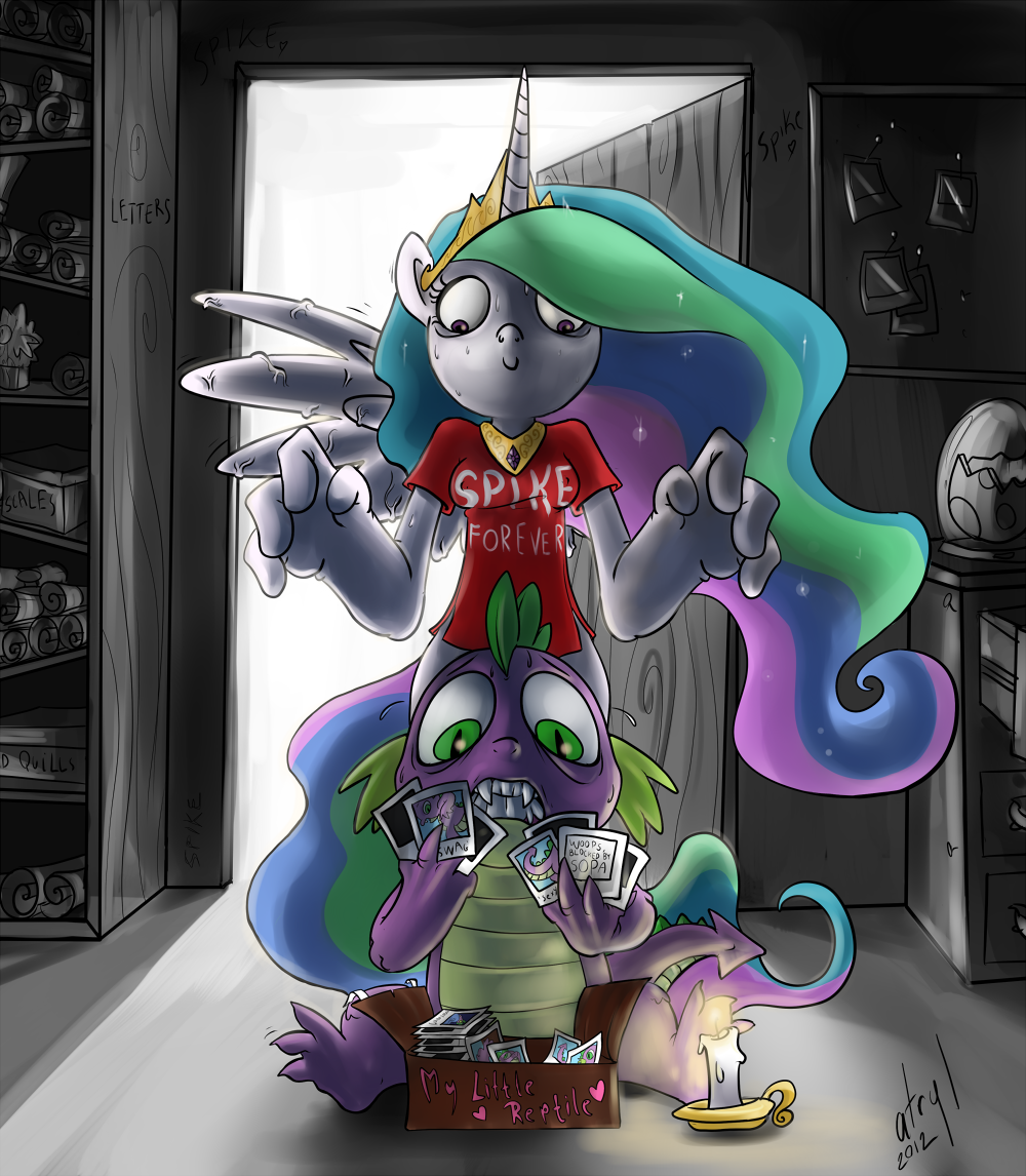 Gotcha - My little pony, Princess celestia, Spike, Shipping, MLP Edge, Anthro, Got caught, Atryl