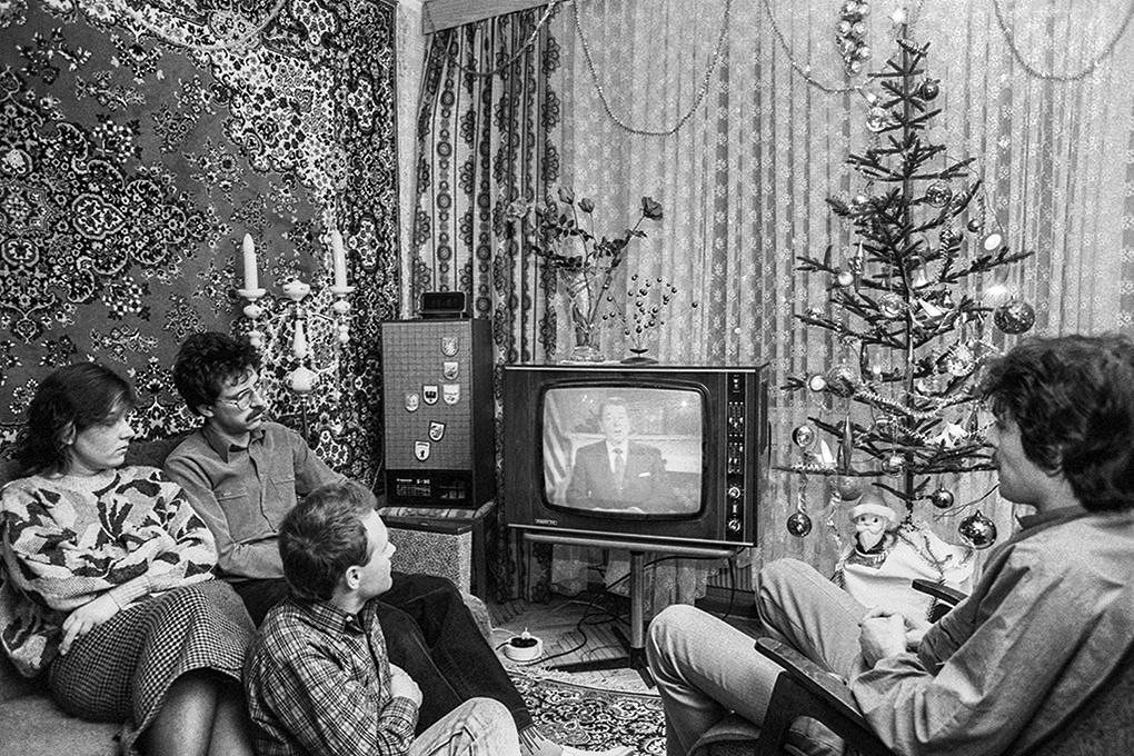 The Soviet family listens to the New Year's greetings of the President of the United States - Old photo, Colorization, Uncle Sam, Christmas trees, Carpet, New Year