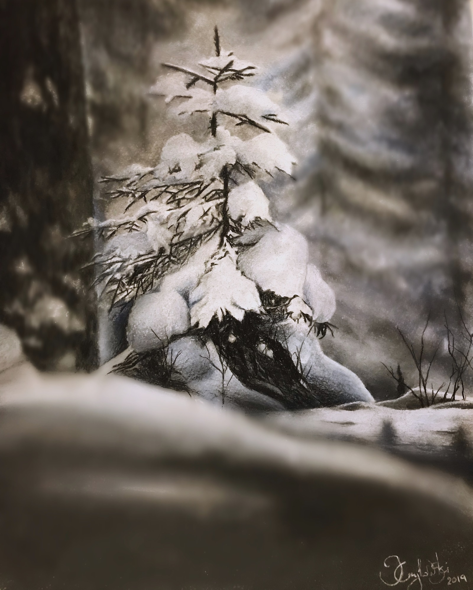 Winter forest - Forest, Winter, Snowdrift, Painting, Pastel pencils, Art, Landscape, Dream