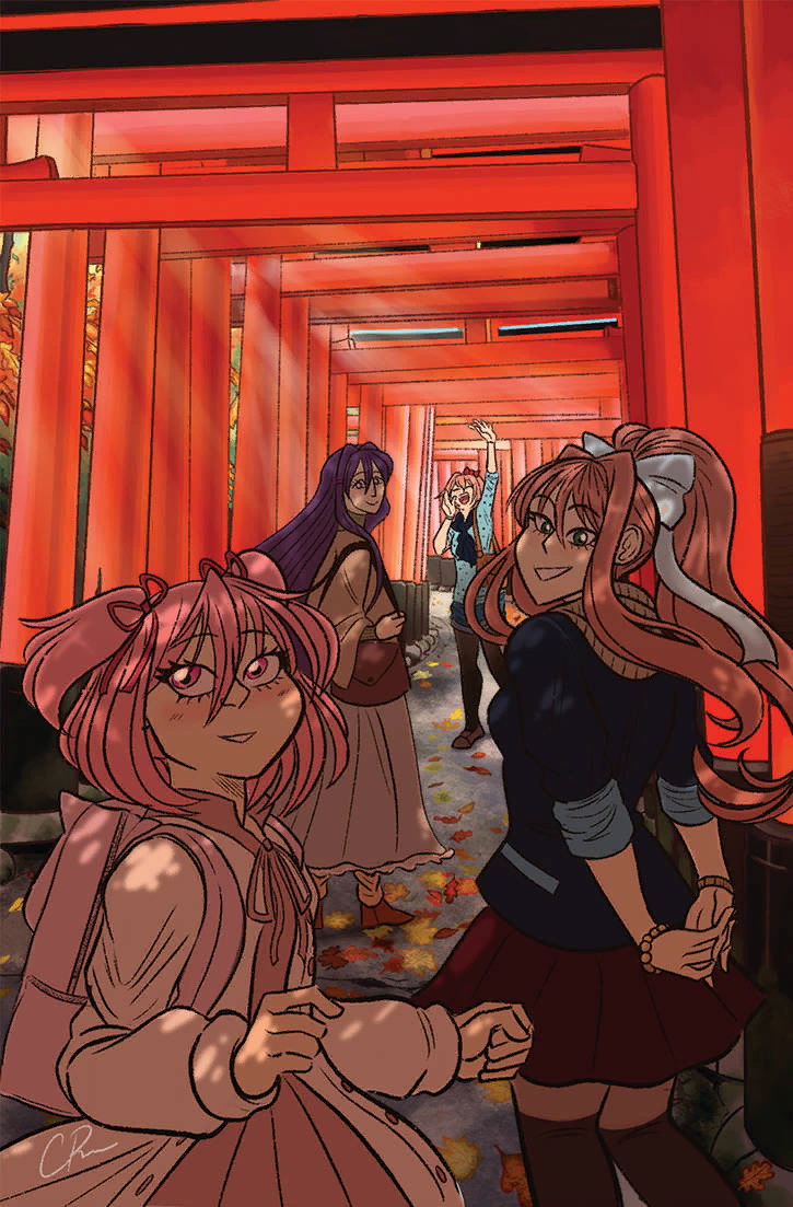 The dokis visit a famous shrine in Kyoto! - Doki Doki Literature Club, Sayori, Natsuki, Yuri DDLC, Monika, Anime Art, Визуальная новелла