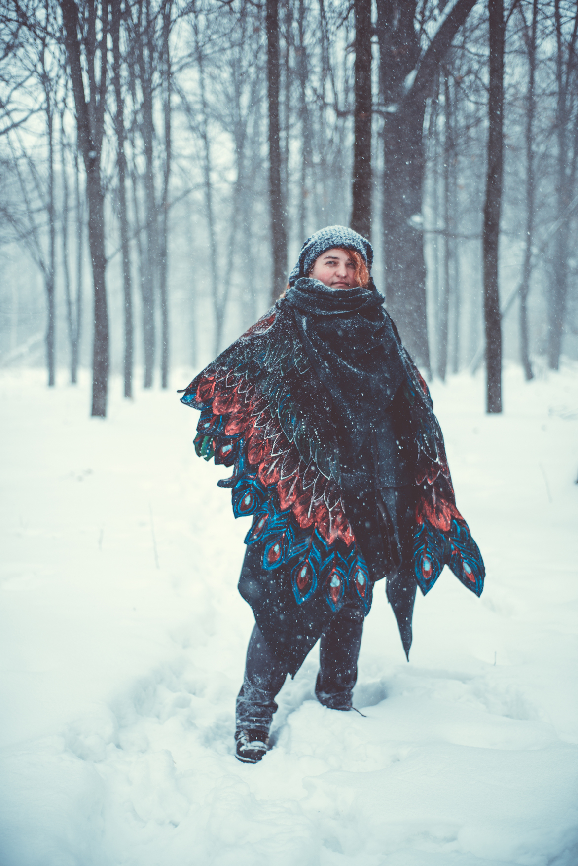 Shawl Wings #2 (or the vicissitudes of filming in the snow) - My, Kai Yara, Wings, Shawl, Boho, , Winter, Longpost