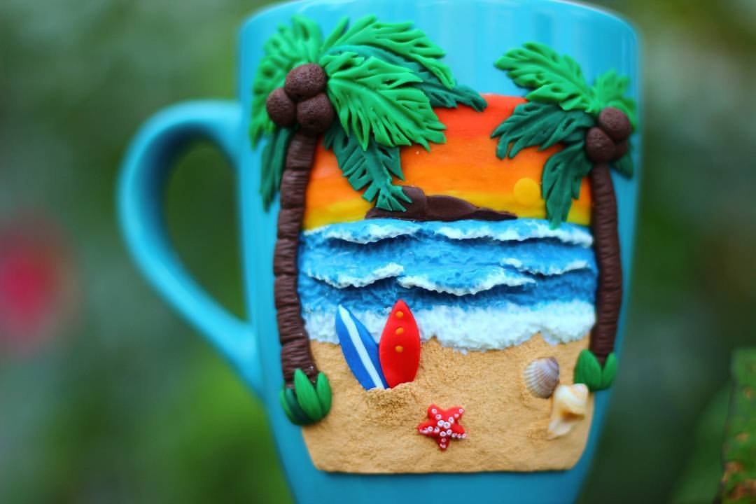 Polymer clay beach mug - My, Polymer clay, Handmade, Beach, Sea, Mug with decor, Permian