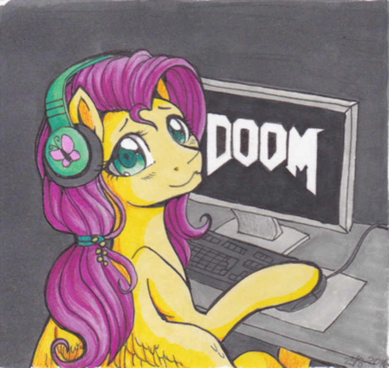 Флатти за компьютером - My Little Pony, Fluttershy, Doom, Арт, PonyArt