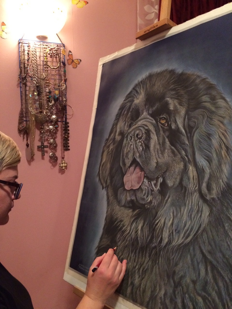 Steps to create a portrait of Tim the Newfoundland. Size 60x80 cm, material: pastel. The portrait was sent to a client in Ermelo, The Netherlands. - My, Portrait, Portrait by photo, Pastel, Dog, Longpost