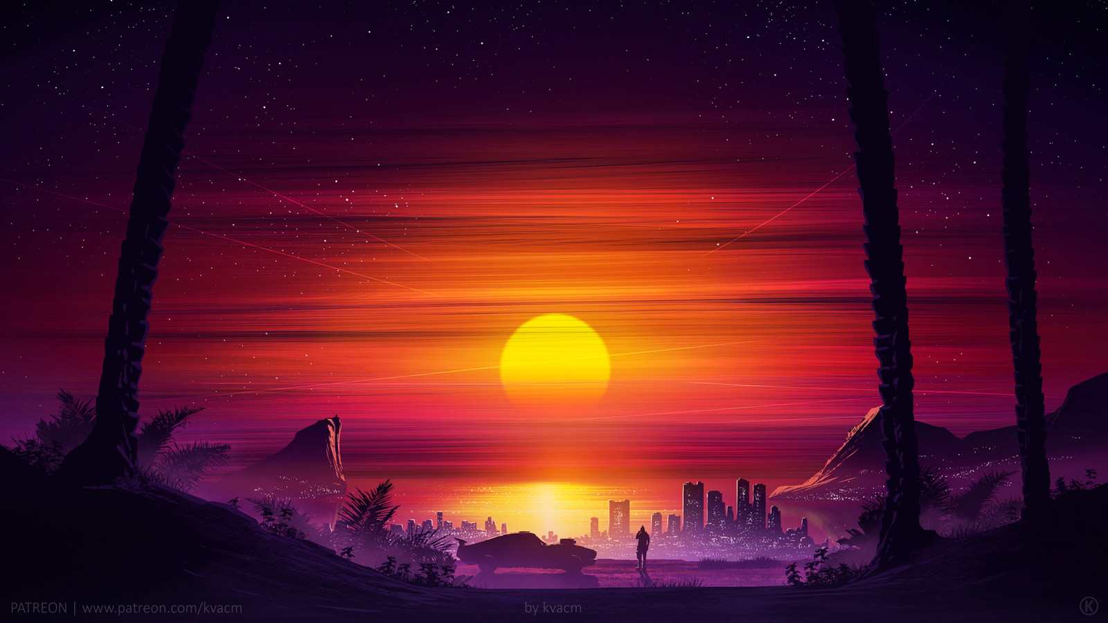 Falling Sun - Art, Sunset, Synthwave, Retrowave, Kvacm