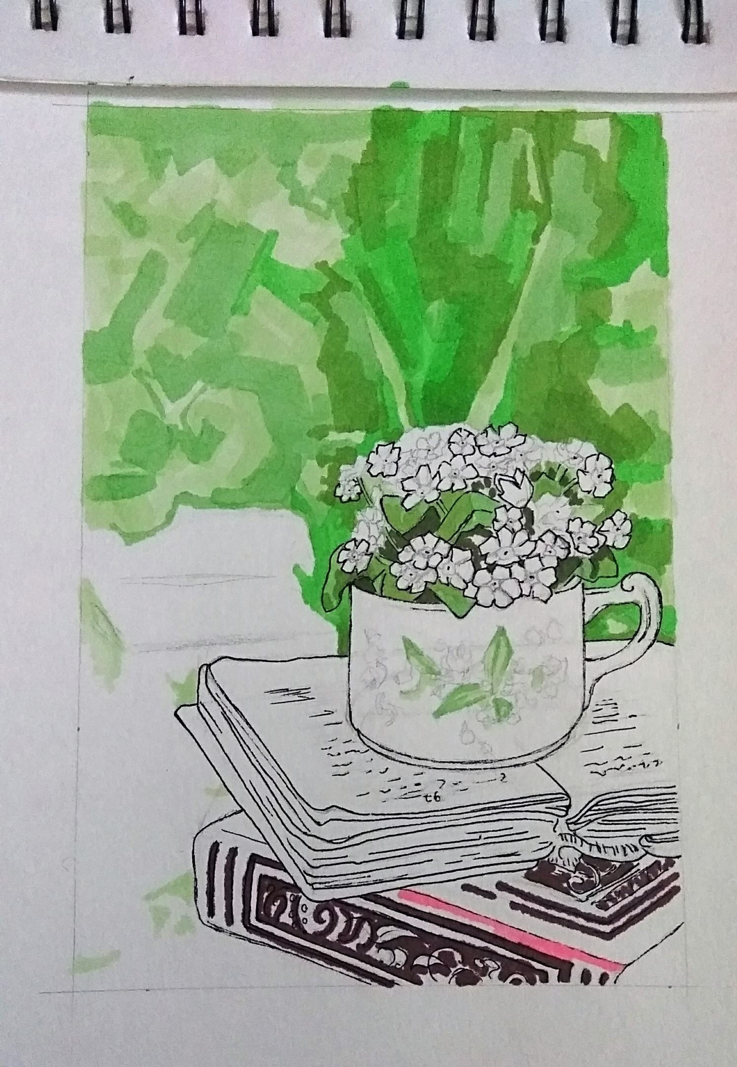 Forget-me-nots. Drawing with markers. - My, Forget-me-nots, Drawing, Marker, Sketch, Graphics, , Flowers, Books, Longpost