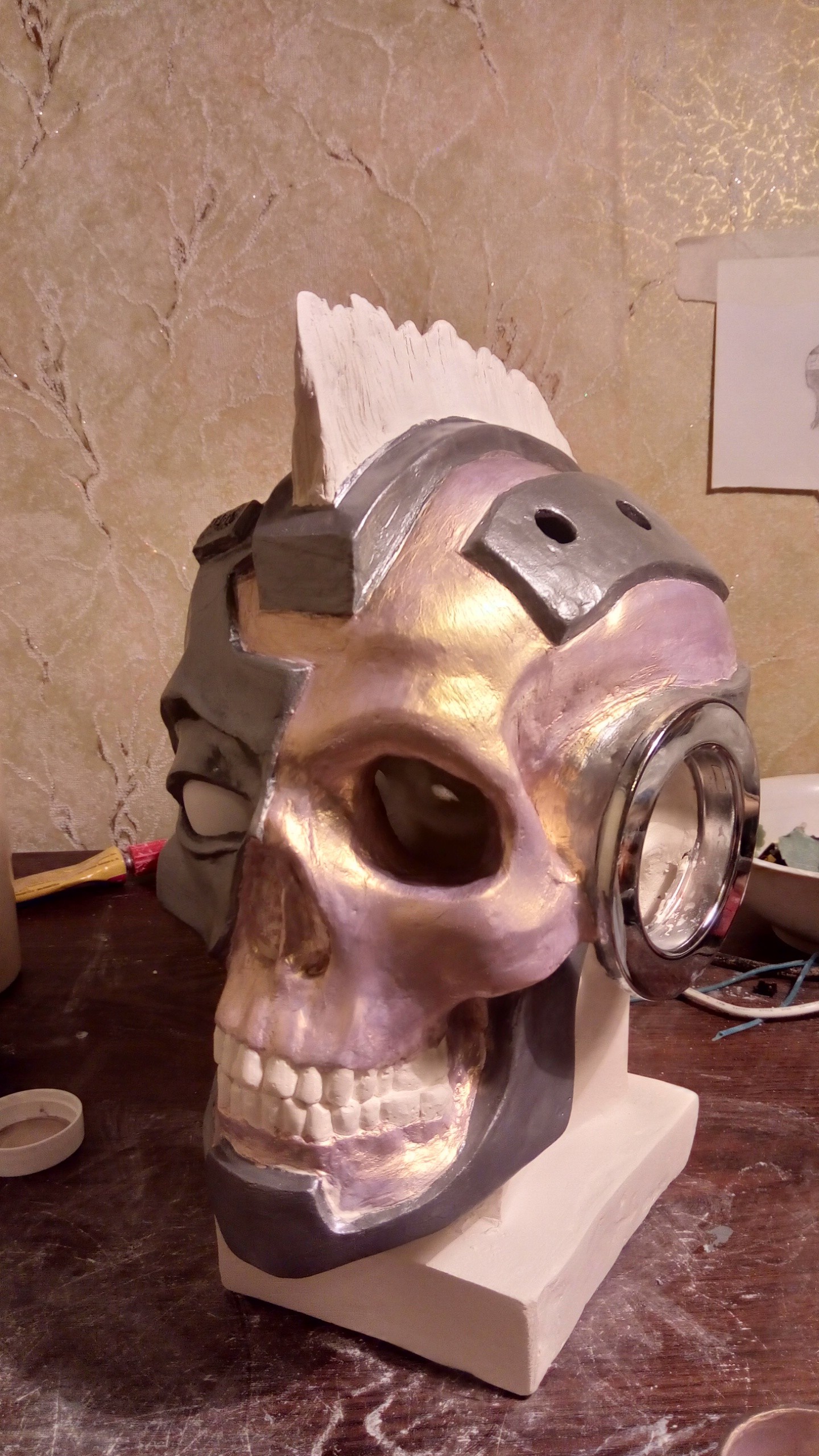 Gypsum Skull #2: Cyberpunk - My, Scull, Gypsum, Cyberpunk, Robot, Creation, Лепка, Needlework with process, Longpost