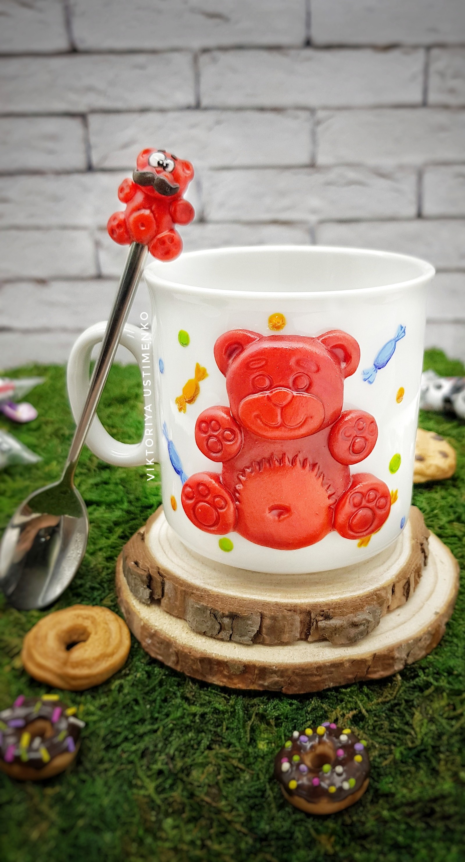 Red bear - My, Needlework without process, Polymer clay, Handmade, Creation, Teaspoon, Mug with decor, The Bears