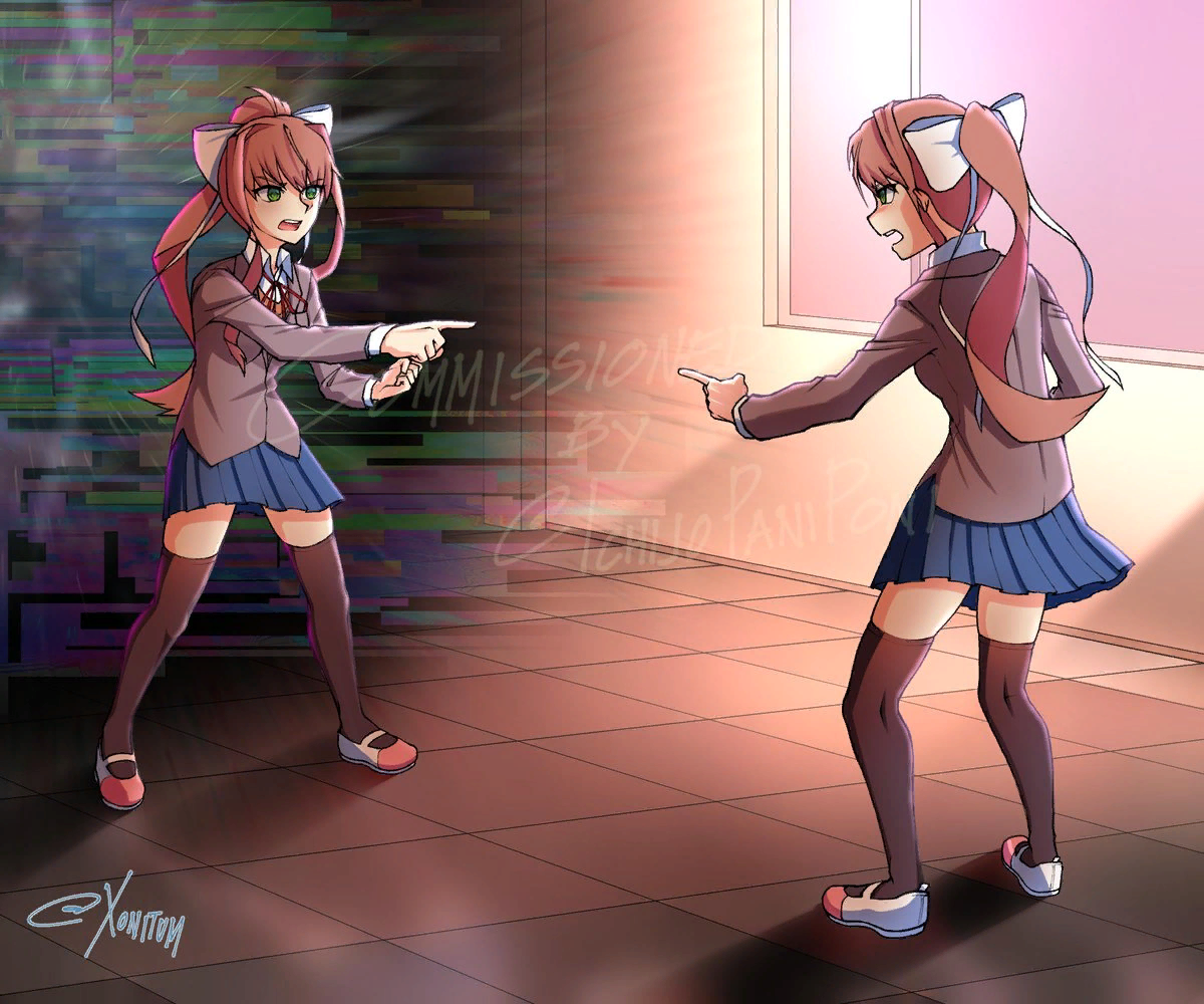 Monika pointing meme - Doki Doki Literature Club, Monika, Anime art, Visual novel, Memes