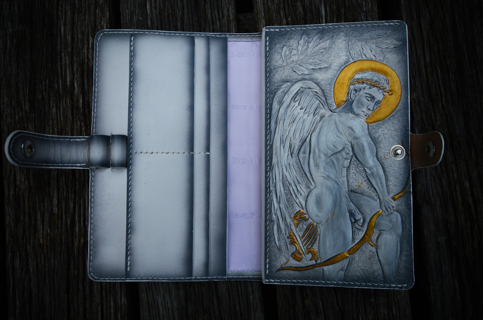 Apollo. Long wallet. - NSFW, My, Apollo, Wallet, Embossing on leather, Angel, Lyre, Onion, laurel, Longpost