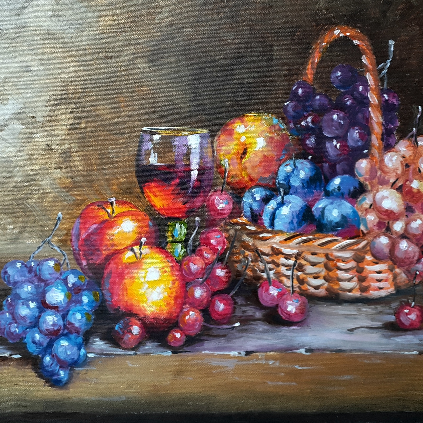 Sweet still life oil, canvas 40/40 cm. - My, Painting, Oil painting, Still life, Grape, Wine