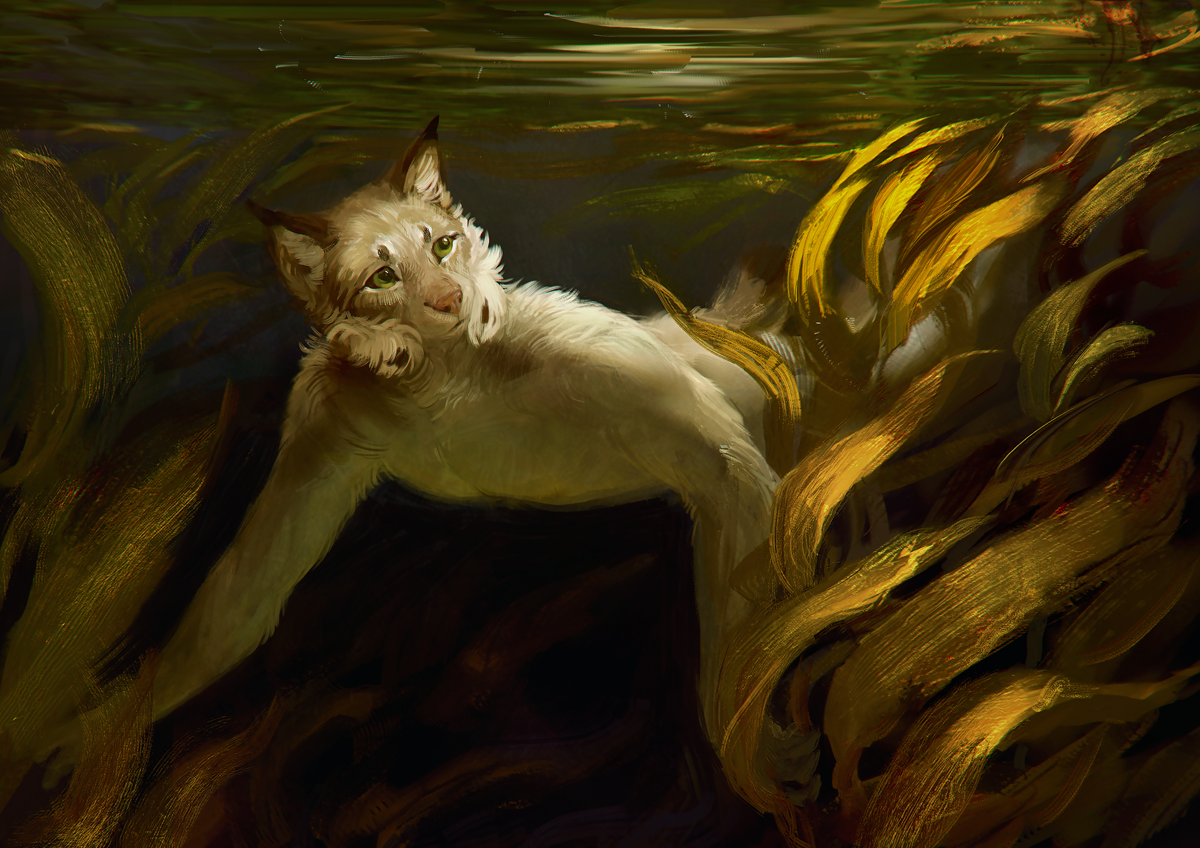 Underwater golden forest - Furry, Furry art, Furry feline, Furry lynx, Lynx, Under the water, Seaweed, Alsares