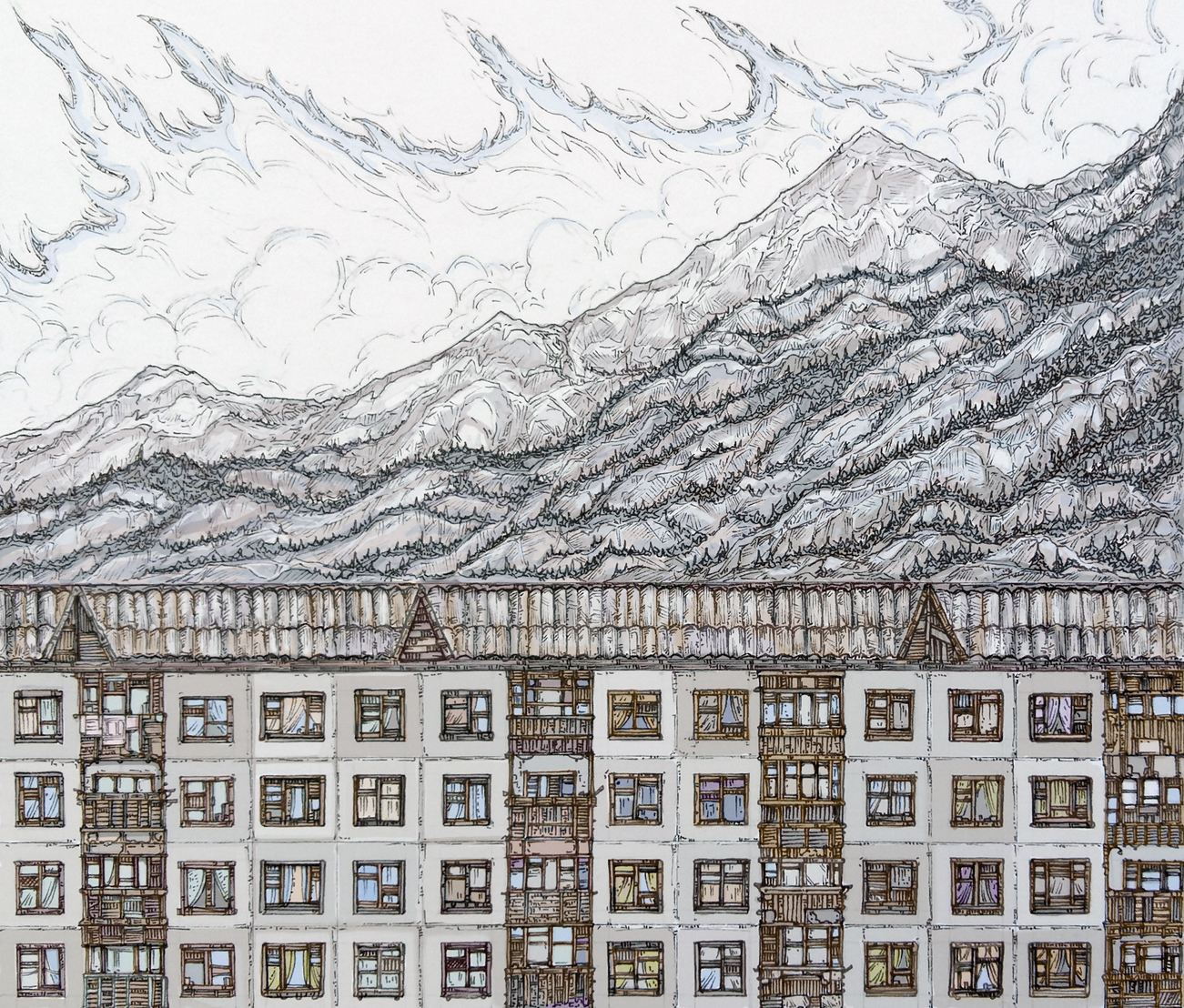 Kabardino-Balkaria - My, Drawing, Art, Town, Kabardino-Balkaria, House, Elbrus, The mountains