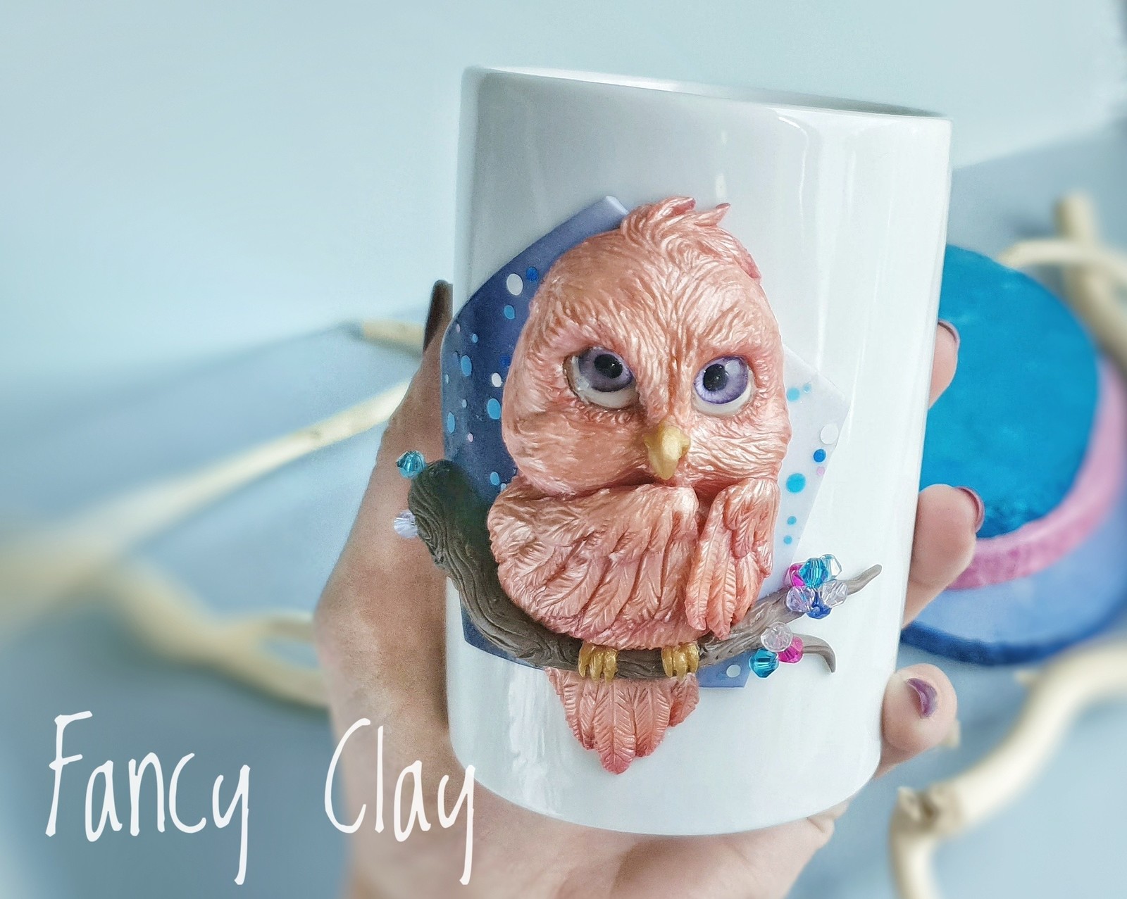 Owls again :) Decor made of polymer clay on a mug. - My, Polymer clay, Owl, Mug with decor, Presents, Needlework without process, Longpost