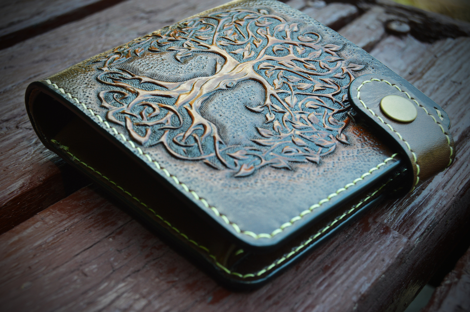 Yggdrasil. Short wallet. - My, Yggdrasil, Valknut, Leather, Embossing on leather, Wallet, Longpost