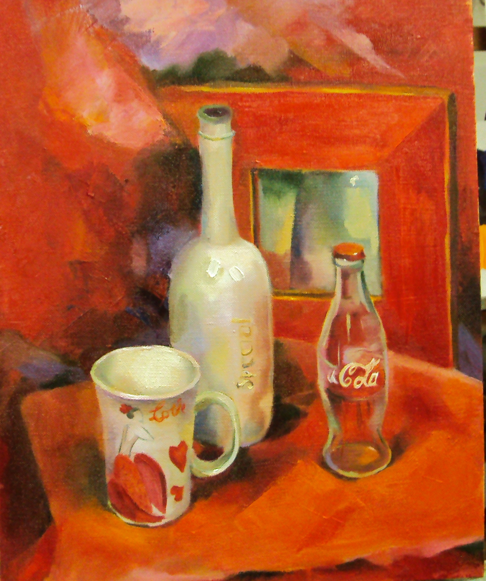 Red still life with a mirror. - My, Still life, Painting, Luboff00, Drawing, Bottle, Mirror