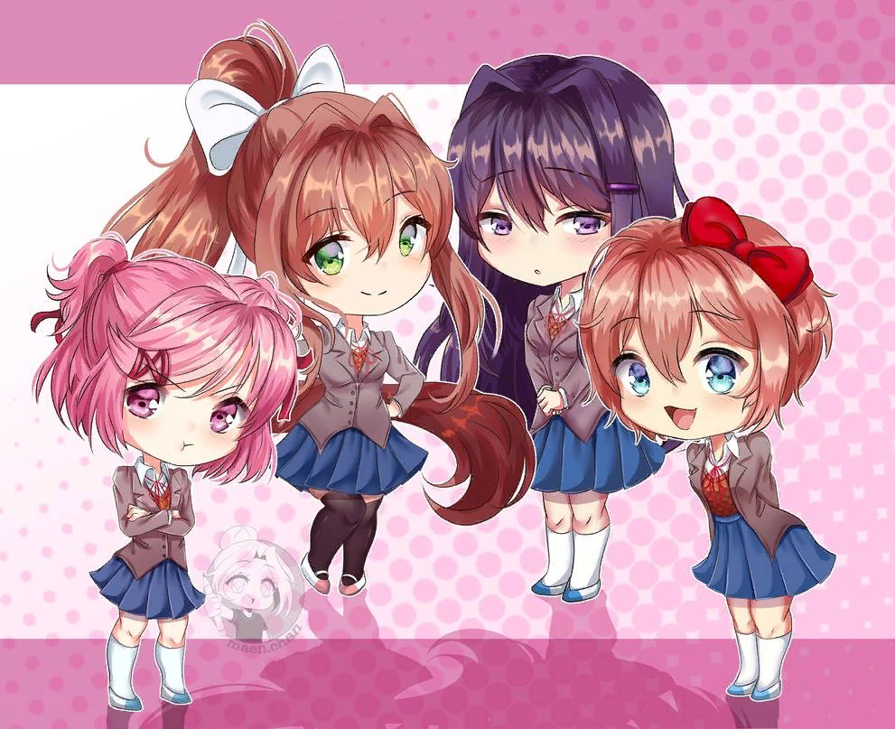 Doki doki chibi club - Doki Doki Literature Club, Sayori, Natsuki, Yuri DDLC, Anime Art, Chibi, Визуальная новелла, Чиби