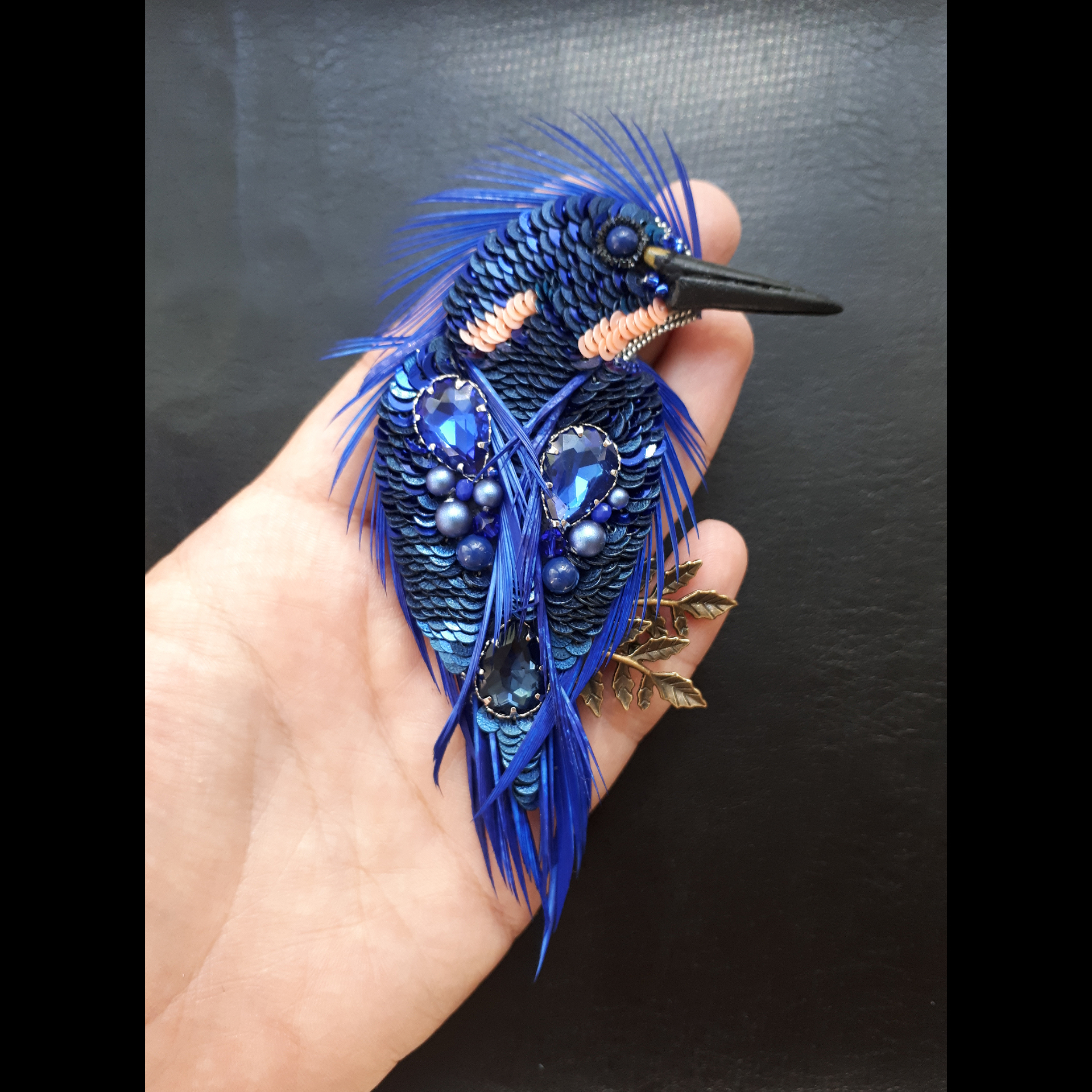Azure Kingfisher - My, , Brooch, Needlework, Embroidery, With your own hands, Handmade, Longpost, Sequins