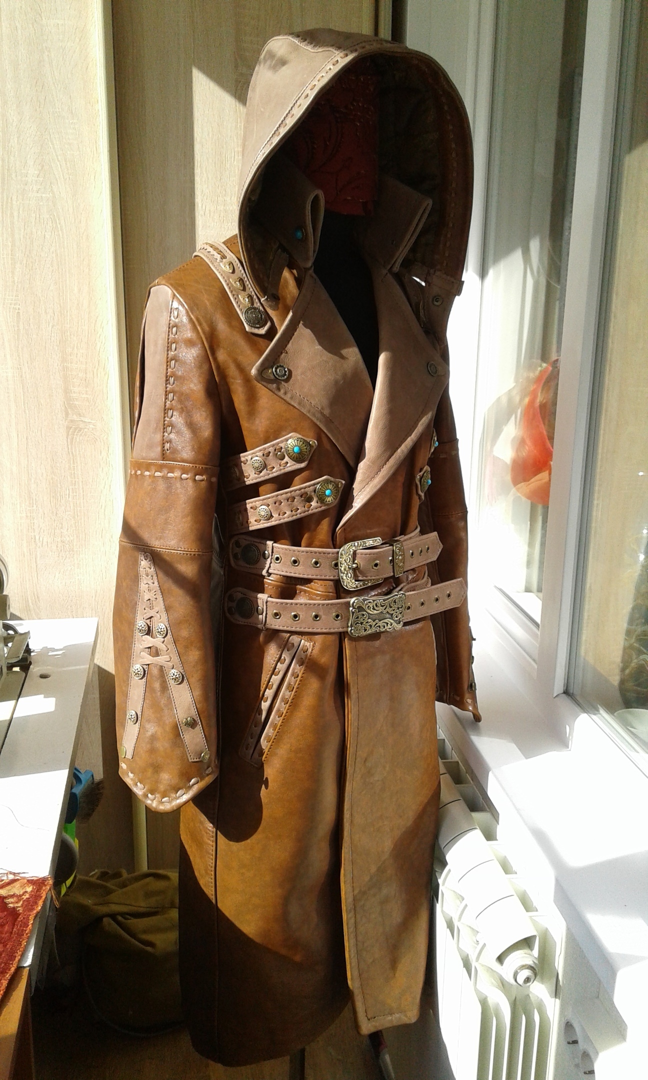 Handmade raincoat in steampunk style, made of two types of leather. Goats and cows. Part of the fittings found in the ground and restored - Steampunk, Cloak, Cloth, Handmade, Longpost, Needlework without process, Needlework