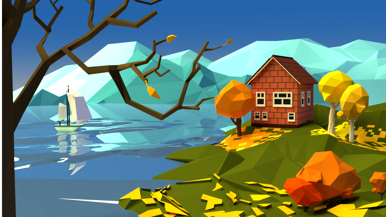 Low poly landscape in Blender - My, Blender, 3D graphics, House, Lake, Autumn, Landscape, Low poly