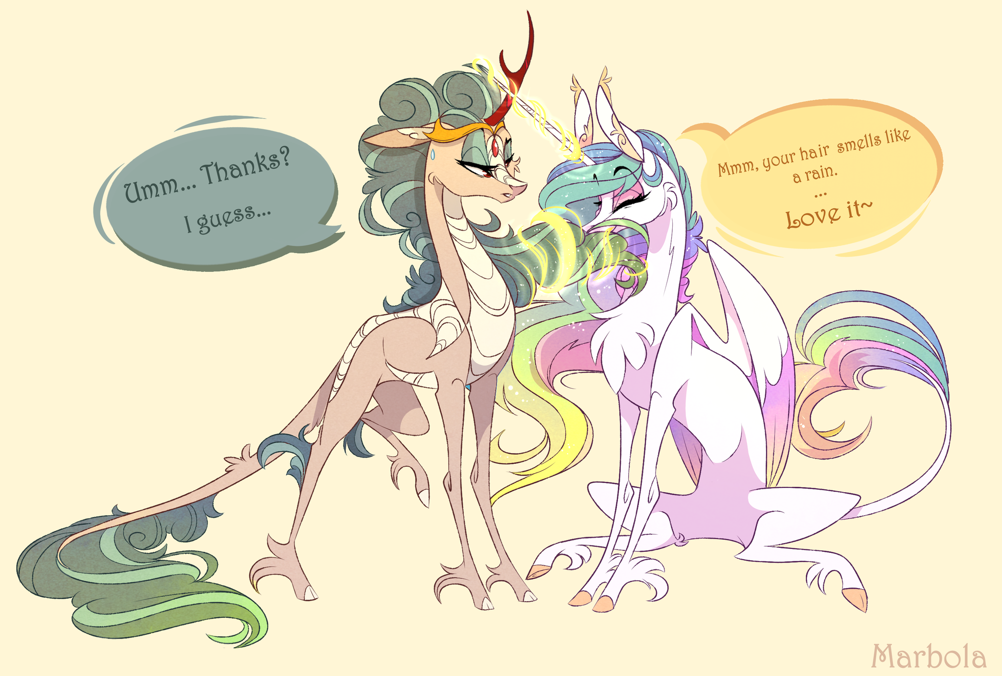 Odorous hair - My Little Pony, Rain Shine, Princess Celestia, MLP Kirin, Шиппинг, MLP Lesbian, Marbola