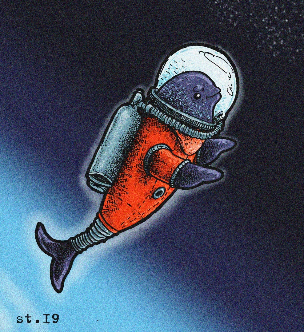 deep sea space - My, Illustrations, Art, Drawing, Raster graphics, Digital drawing, Dolphin, Космонавты, Spacesuit