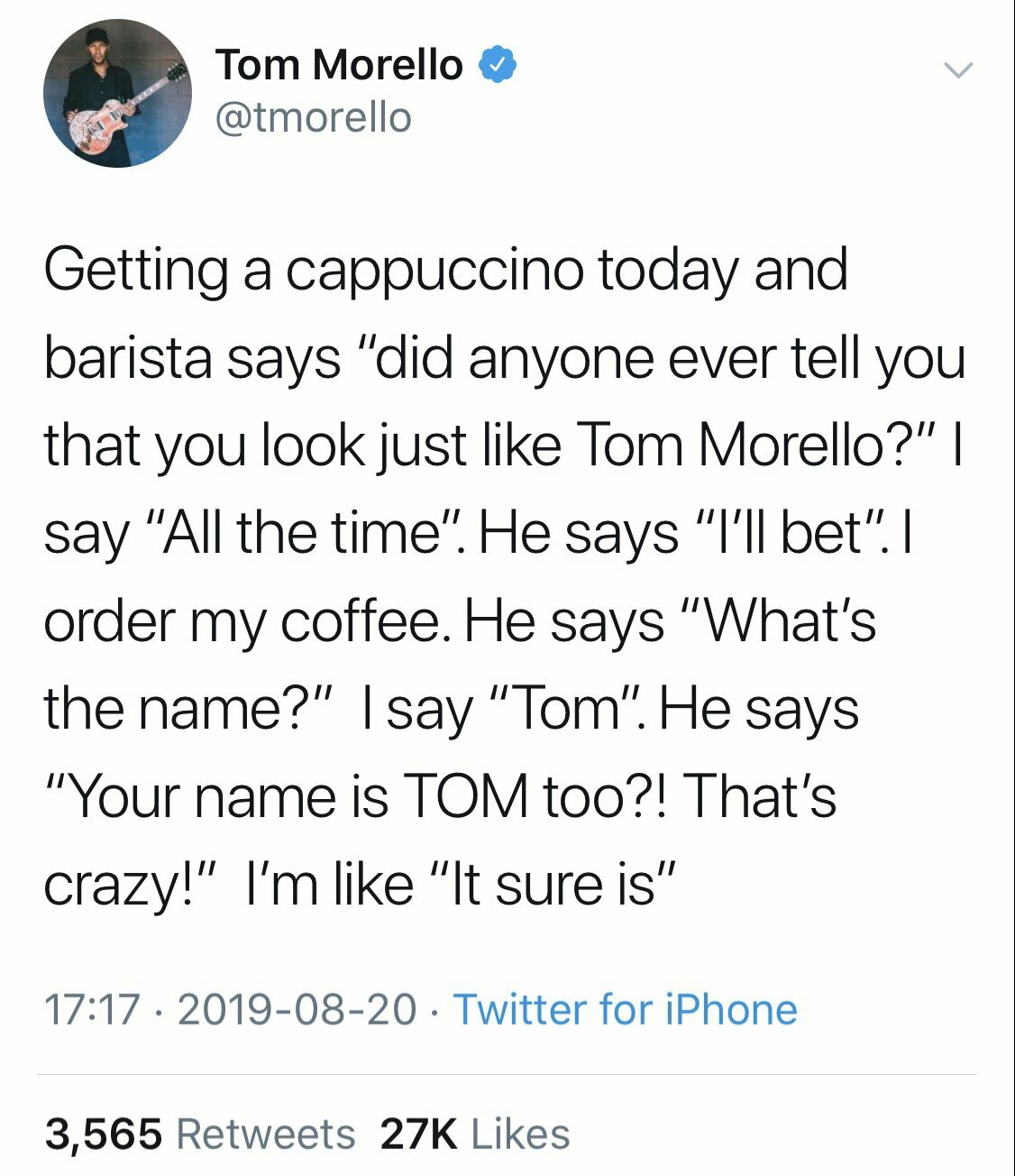 Забавное совпадение - Знаменитости, Twitter, Бариста, Tom Morello, Скриншот, Совпадение