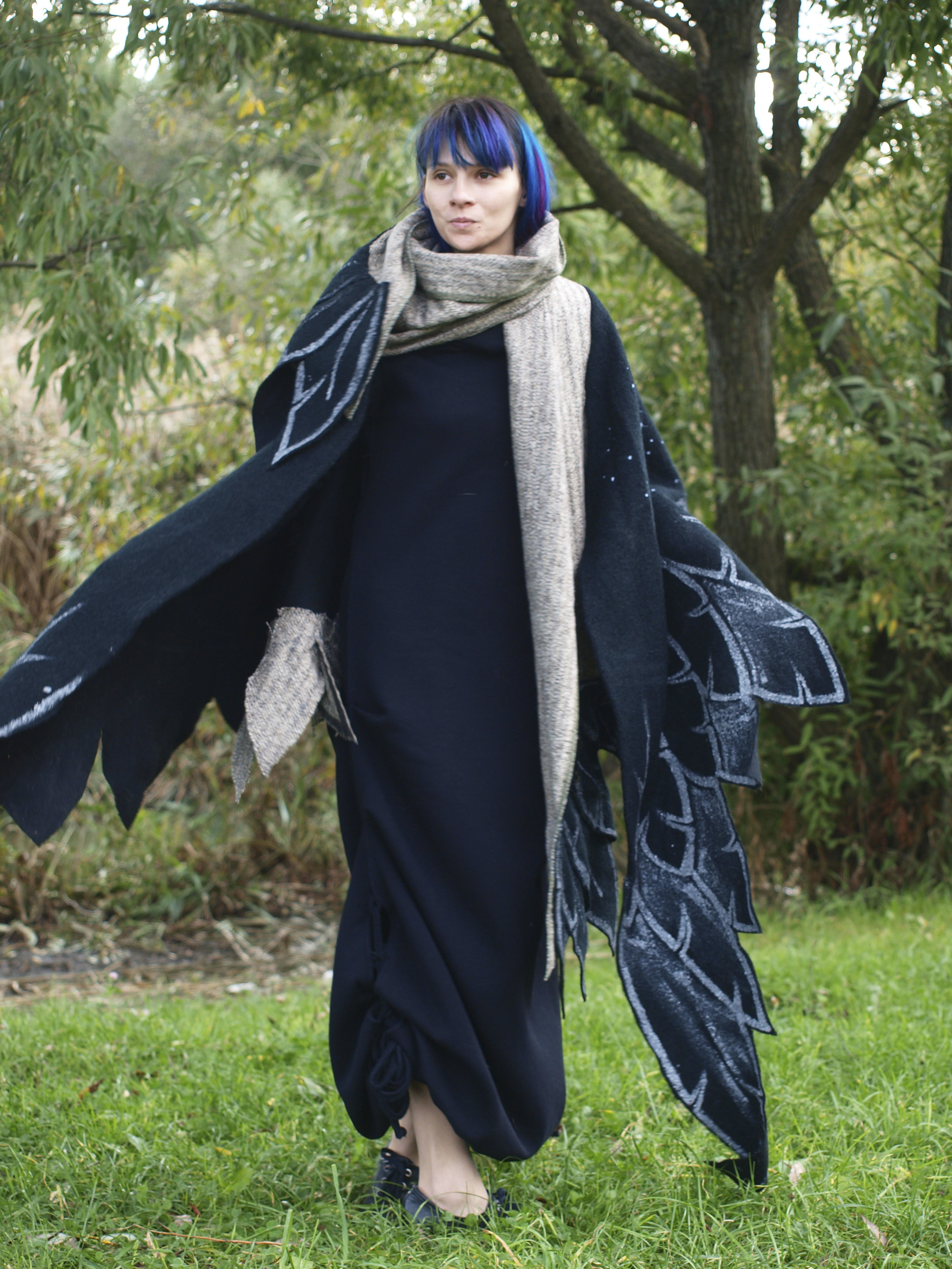 Shawl-wings Crow - My, Kai Yara, Warm clothes, Painting on fabric, Shawl, Boho, Fairy, Halloween, Longpost, Crow