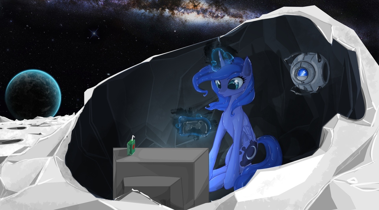 Somewhere on the moon - My little pony, Princess luna, Crossover, Portal 2, Portal, Wheatley, Art, , Crossover