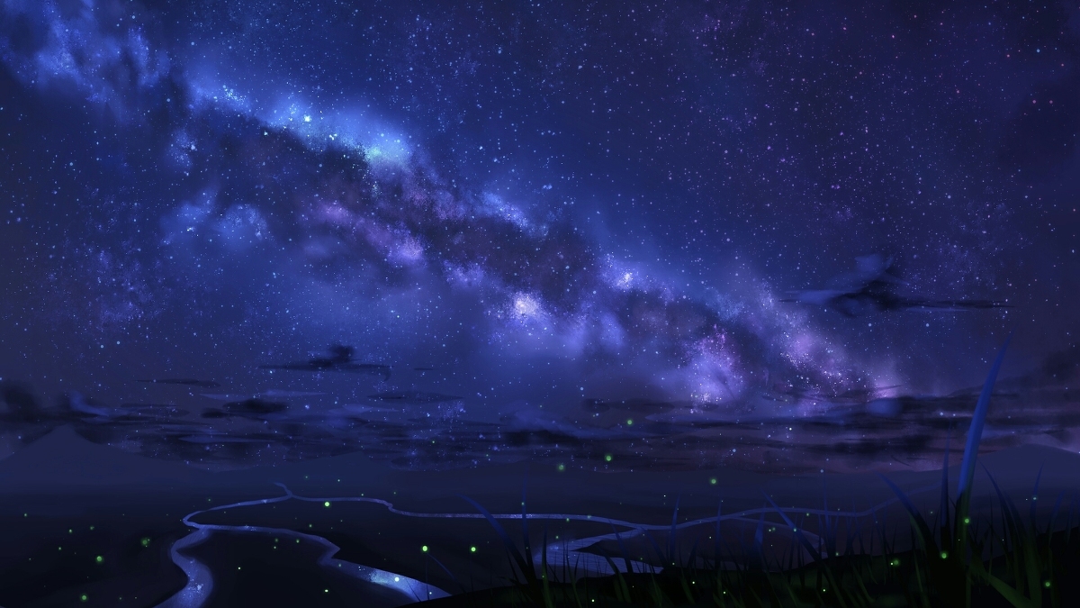 Starry sky - Art, Landscape, Sky, Starry sky, Night, Milky Way, Falling star, Pixiv, Longpost, Starfall