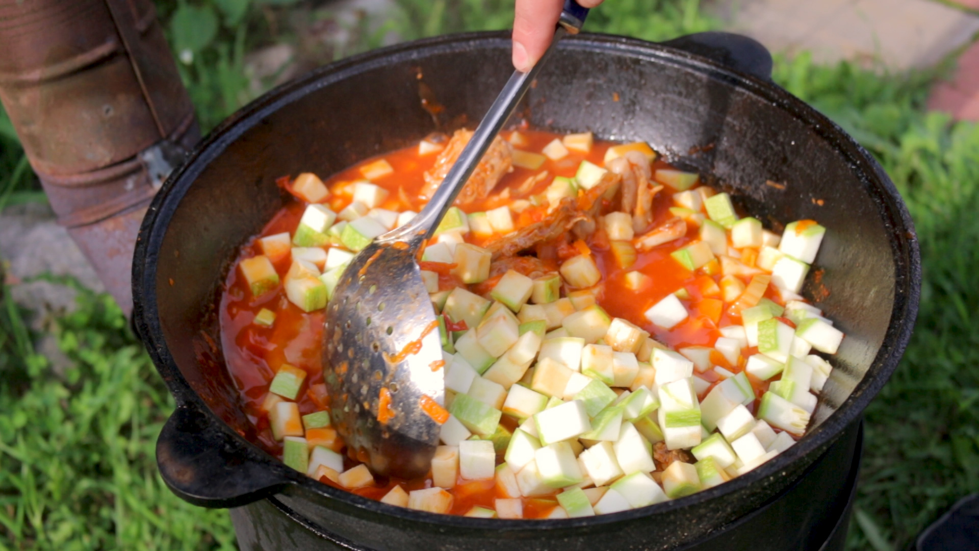 Rabbit stewed in a cauldron with tomato juice and vegetables - My, Food, Recipe, Rabbit, Longpost, Video, Kazan, Cooking, Video recipe