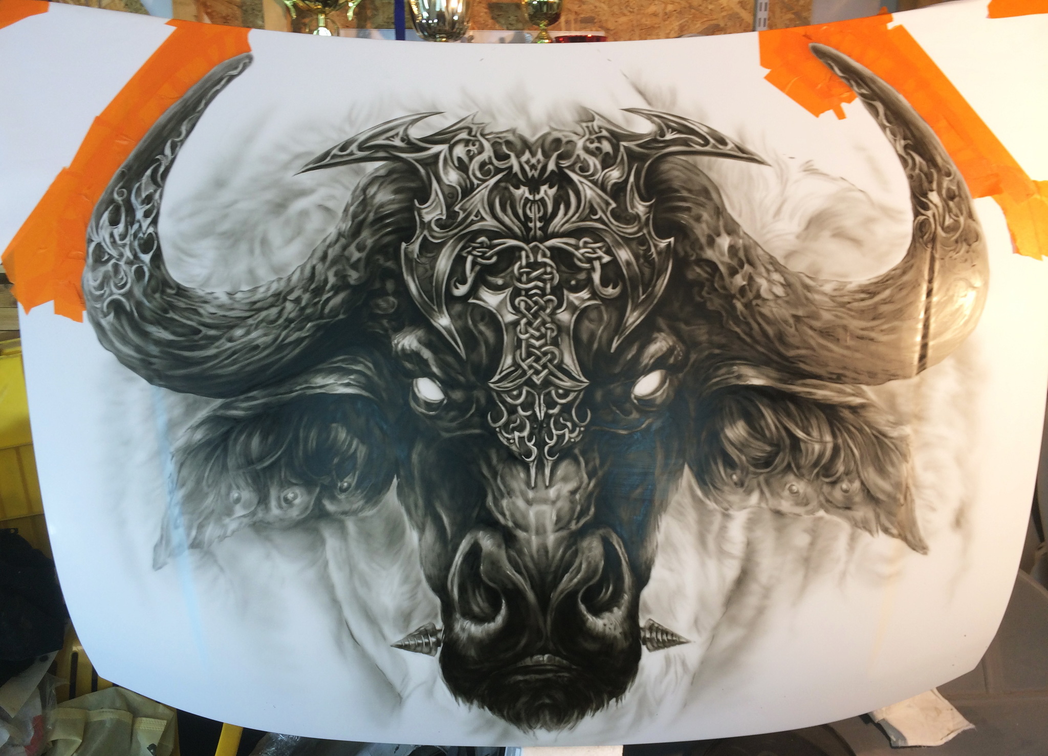 Aerography on the hood of a UAZ, bull)) (process in photo) - My, Airbrushing, Tyumen, Art, Bull, Tyumenaero, Longpost, UAZ