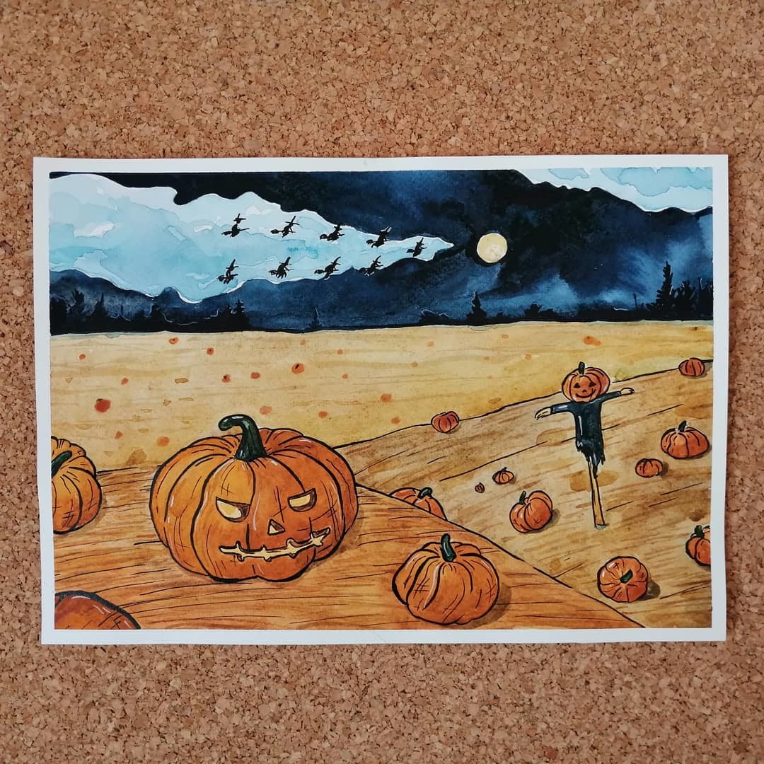 Sweet or nasty? A little Halloween from me. - My, Halloween, Watercolor, Painting, Learning to draw, Pumpkin, Creation, Art, Illustrations, Longpost