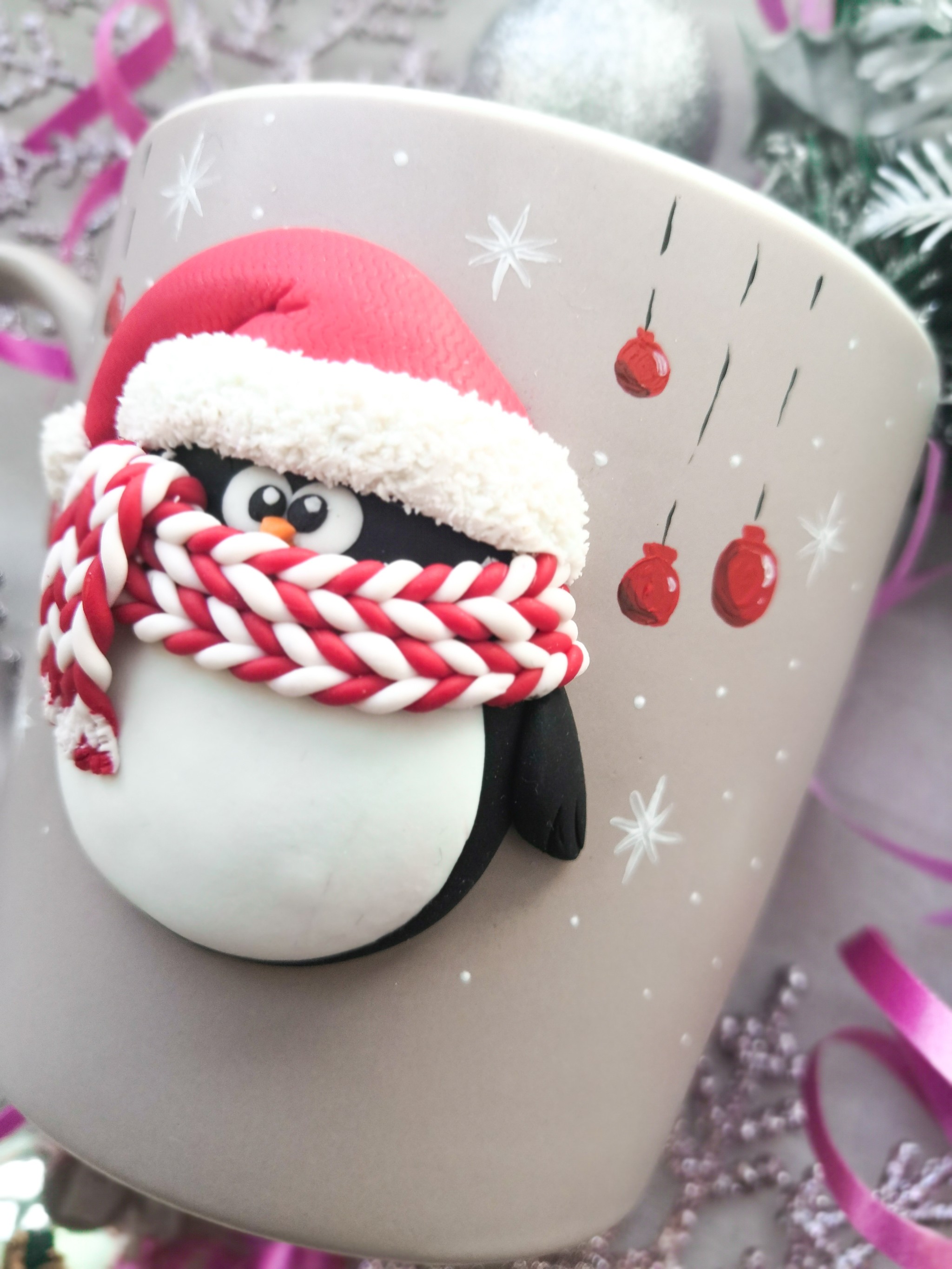 Mug decor: New Year's penguin - My, Needlework without process, Mug with decor, Penguins, Polymer clay, Longpost